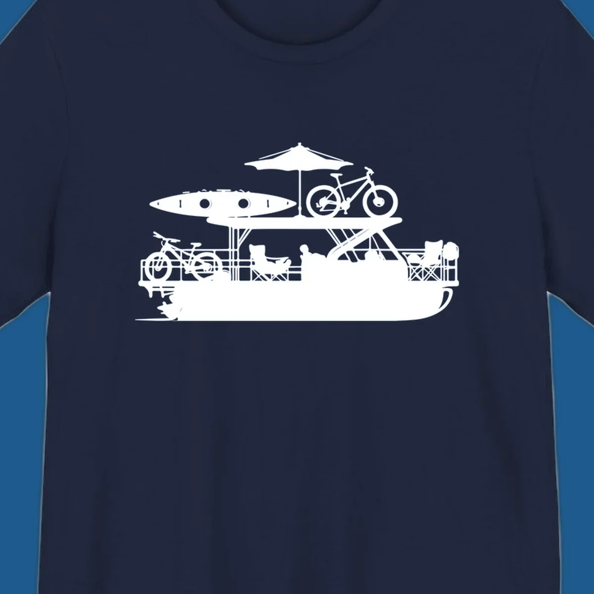 Pontoon boat lifestyle illustration with kayak, bikes, umbrella, and chairs. pontoon-boat-lifestyle