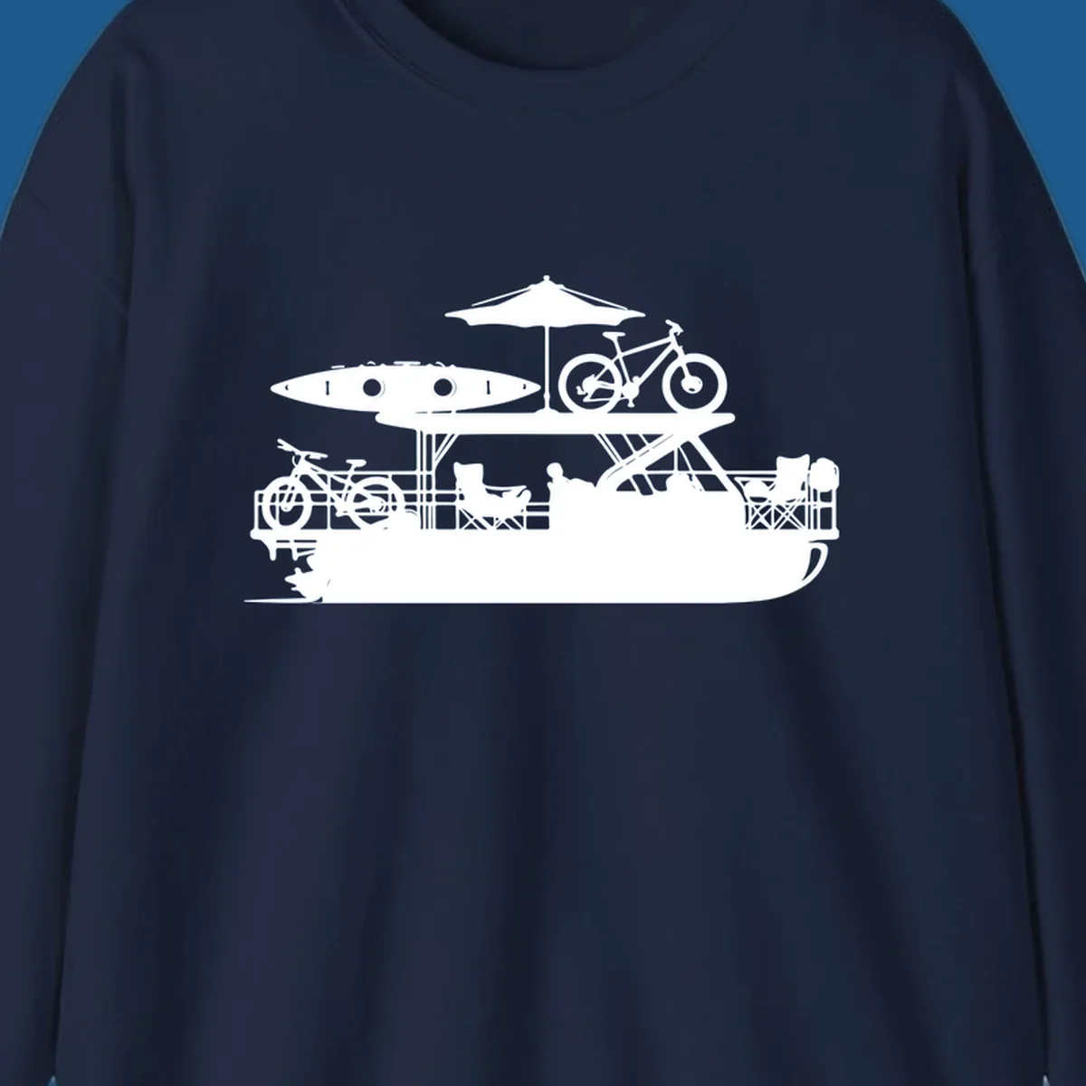 Pontoon boat lifestyle illustration with kayak, bikes, umbrella, and chairs. pontoon-boat-lifestyle