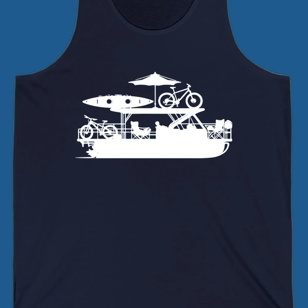 Pontoon boat lifestyle illustration with kayak, bikes, umbrella, and chairs. pontoon-boat-lifestyle