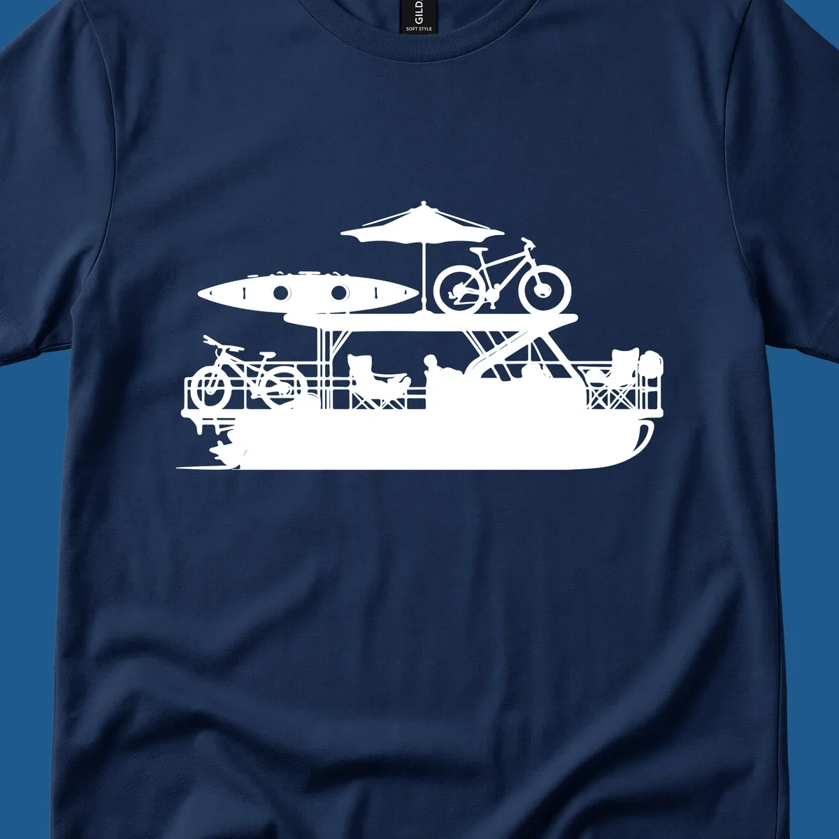 Pontoon boat lifestyle illustration with kayak, bikes, umbrella, and chairs. pontoon-boat-lifestyle