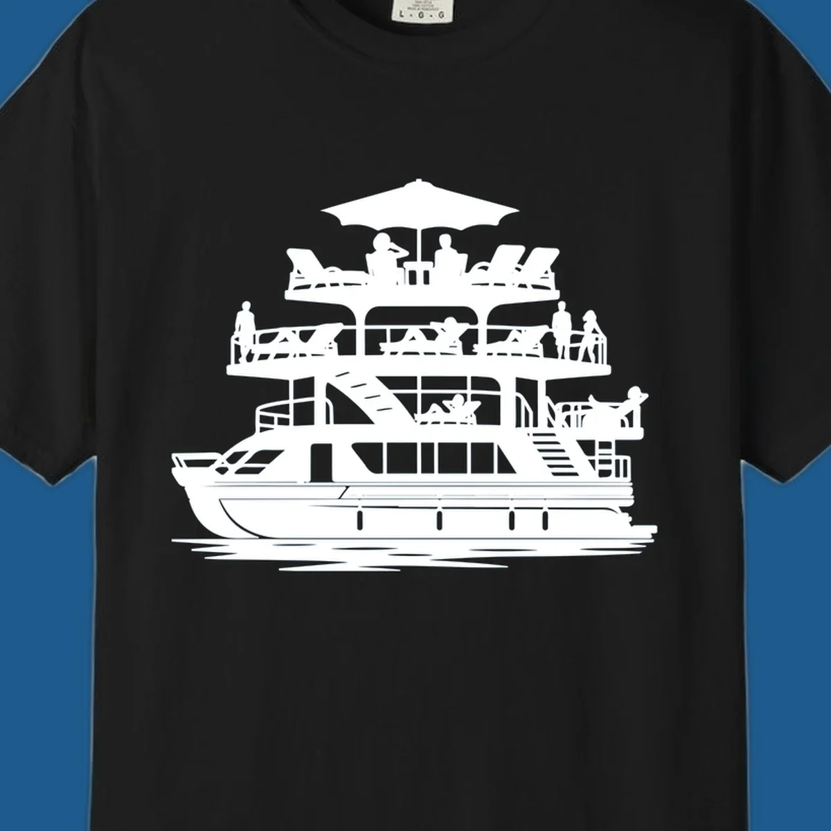 Pontoon boat leisure illustration with people relaxing and enjoying the sun.