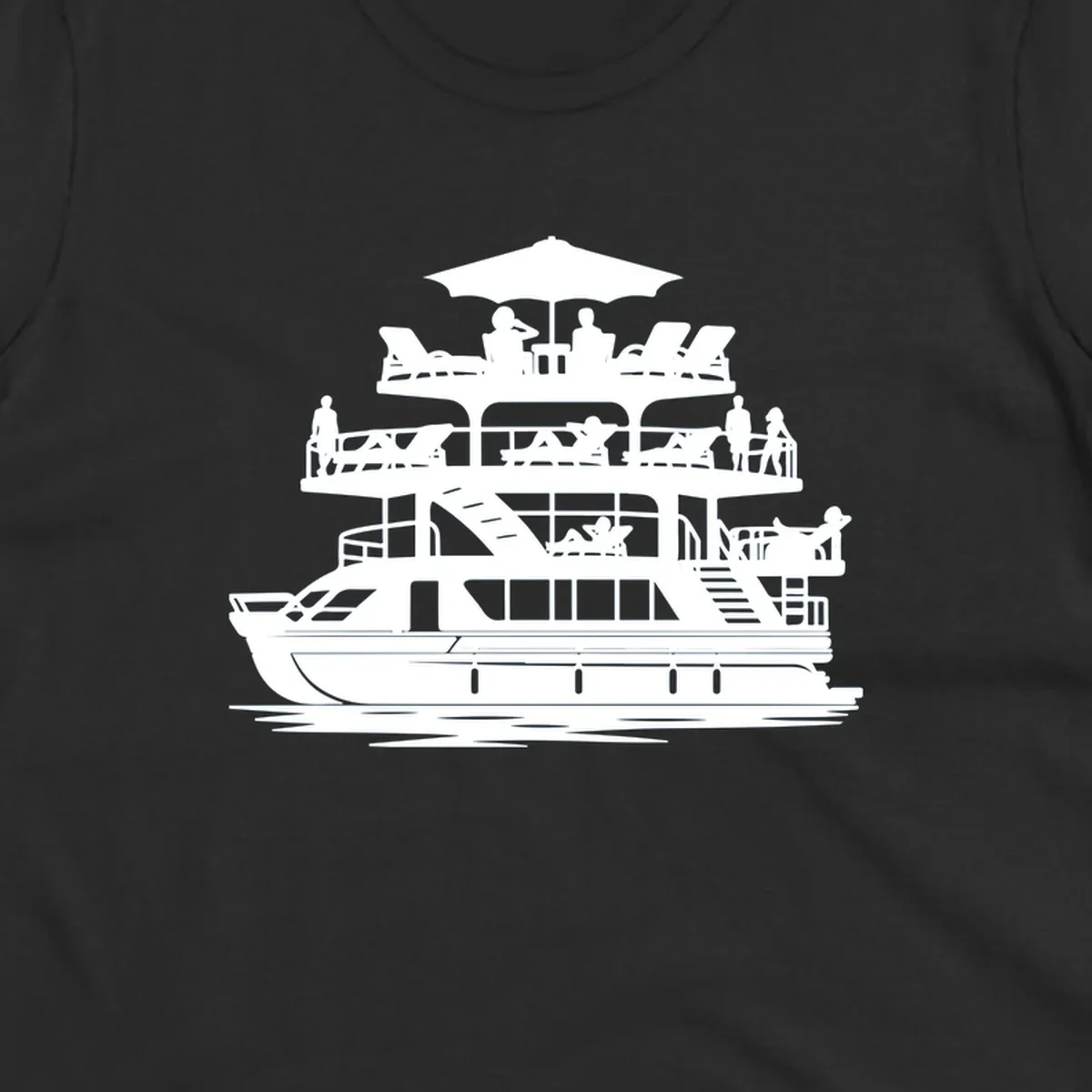 Pontoon boat leisure illustration with people relaxing and enjoying the sun.
