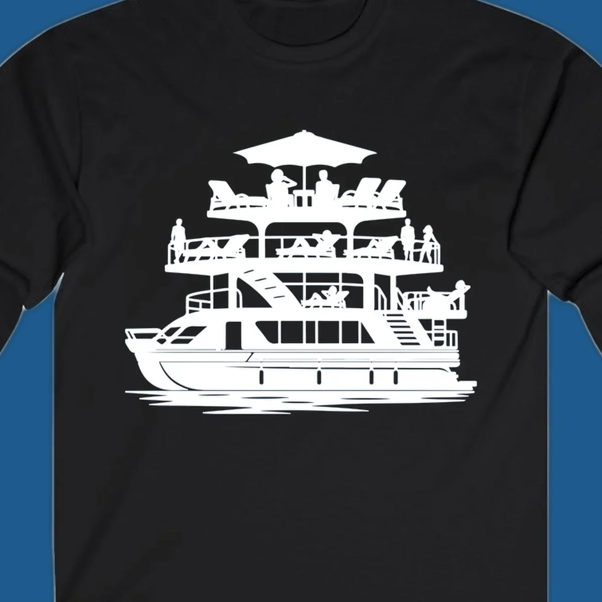 Pontoon boat leisure illustration with people relaxing and enjoying the sun.