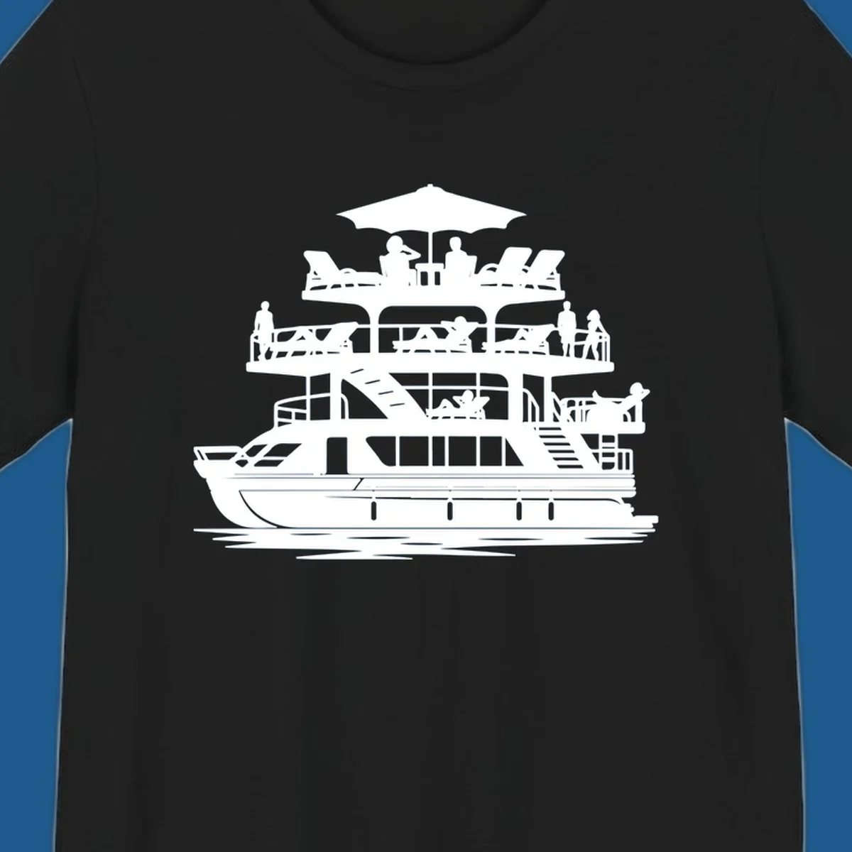 Pontoon boat leisure illustration with people relaxing and enjoying the sun.