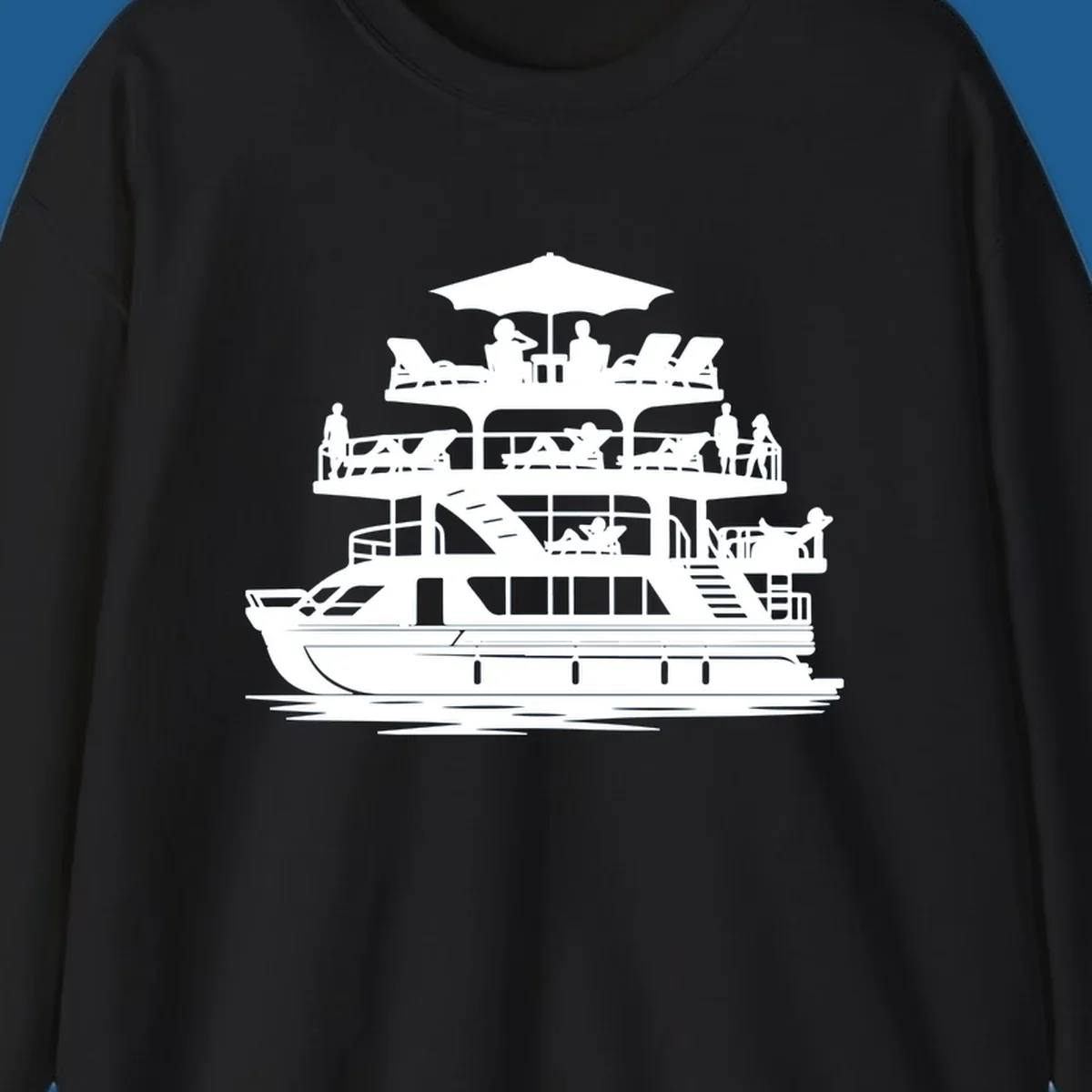 Pontoon boat leisure illustration with people relaxing and enjoying the sun.