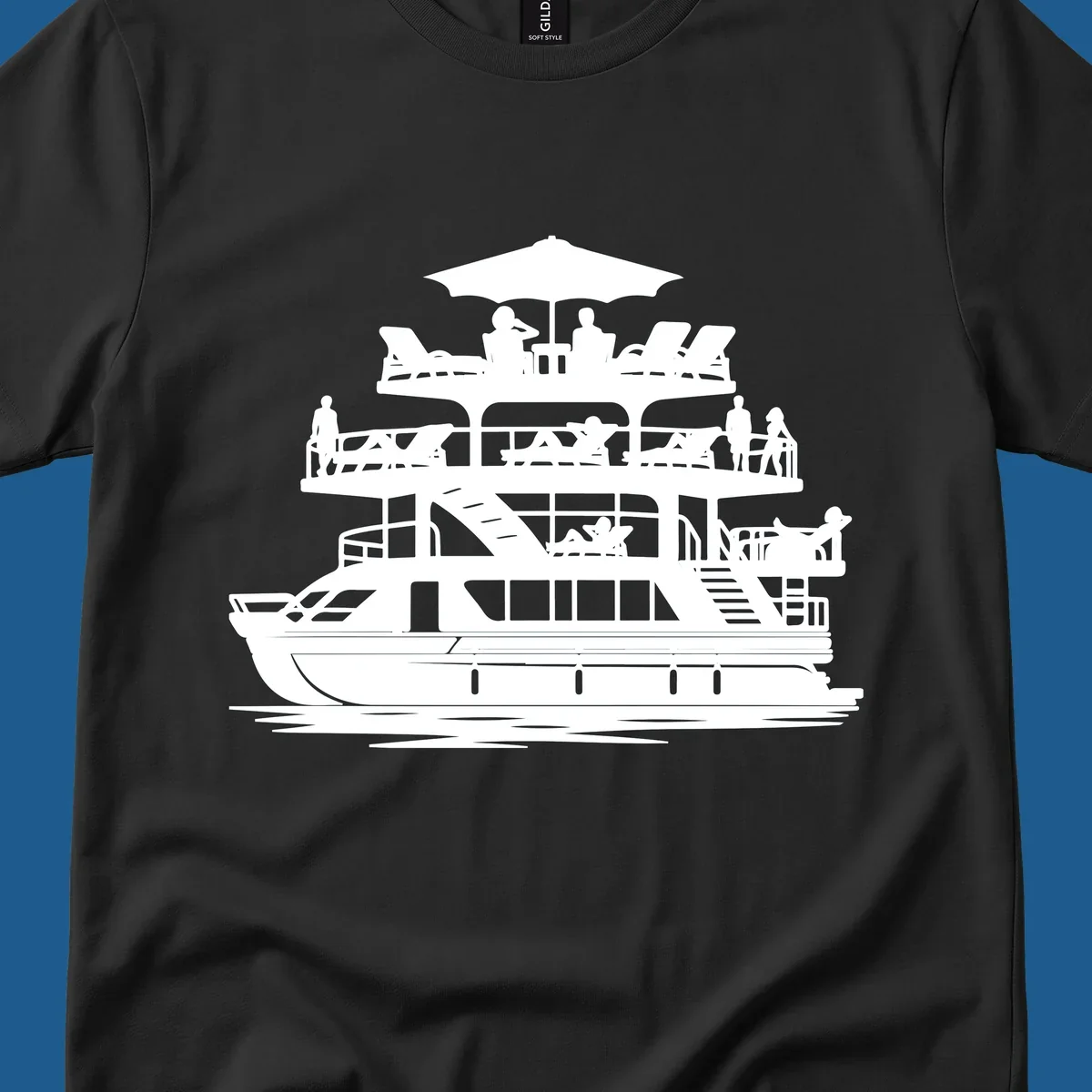 Pontoon boat leisure illustration with people relaxing and enjoying the sun.