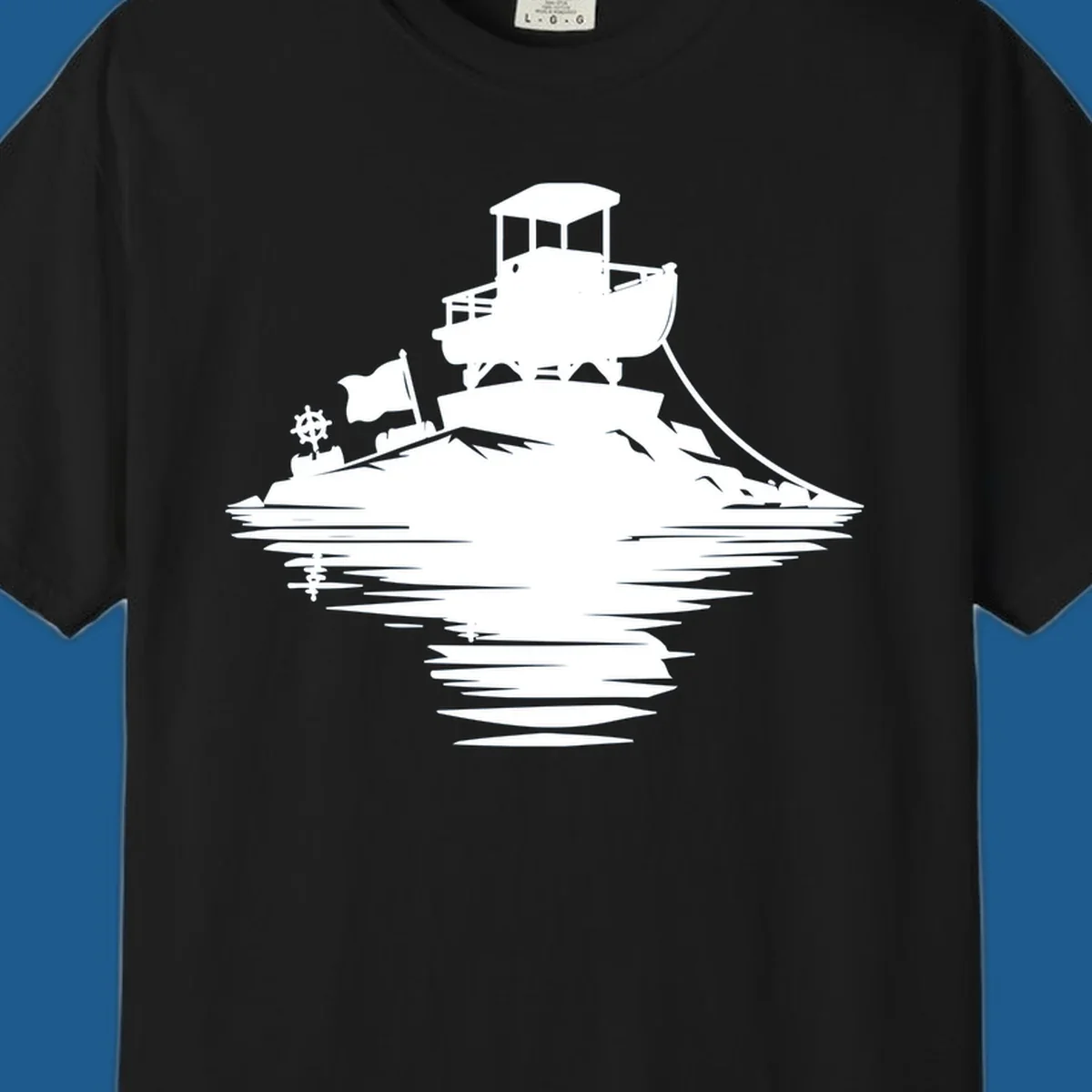 White silhouette of a pontoon island adventure with boat, flag, and reflection.