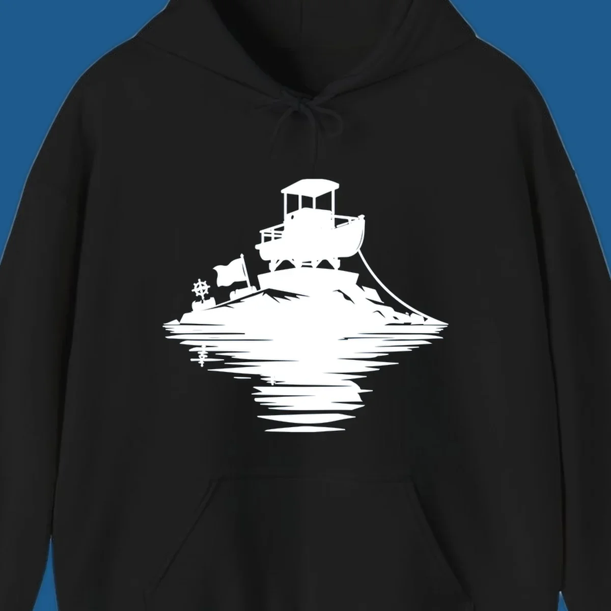 White silhouette of a pontoon island adventure with boat, flag, and reflection.