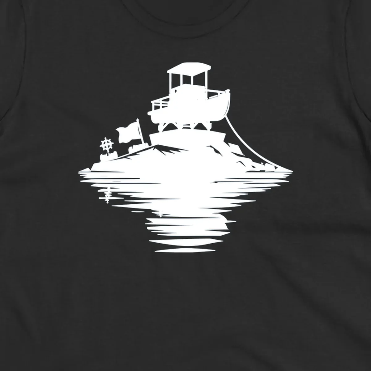 White silhouette of a pontoon island adventure with boat, flag, and reflection.