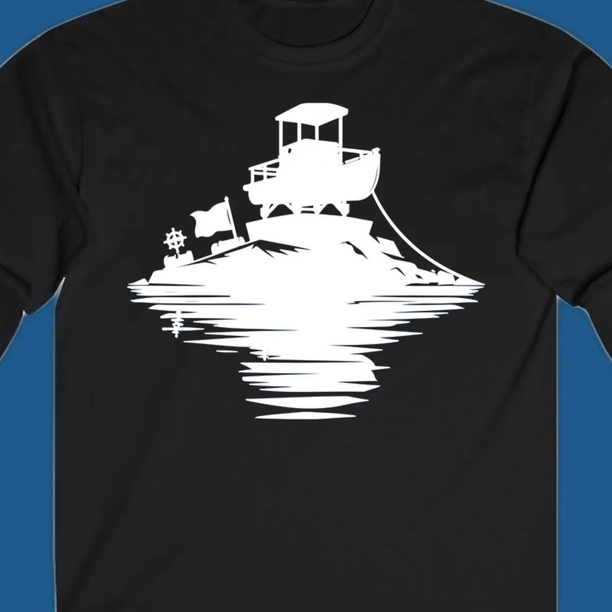 White silhouette of a pontoon island adventure with boat, flag, and reflection.
