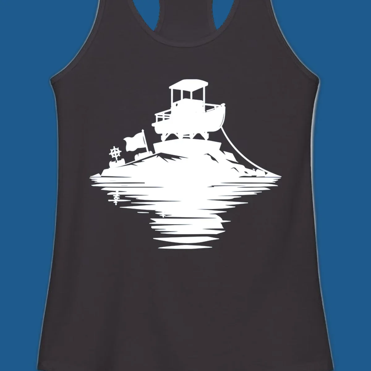 White silhouette of a pontoon island adventure with boat, flag, and reflection.