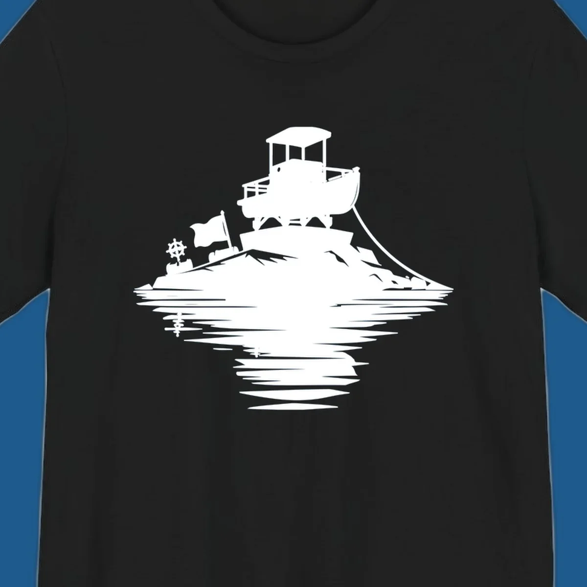 White silhouette of a pontoon island adventure with boat, flag, and reflection.