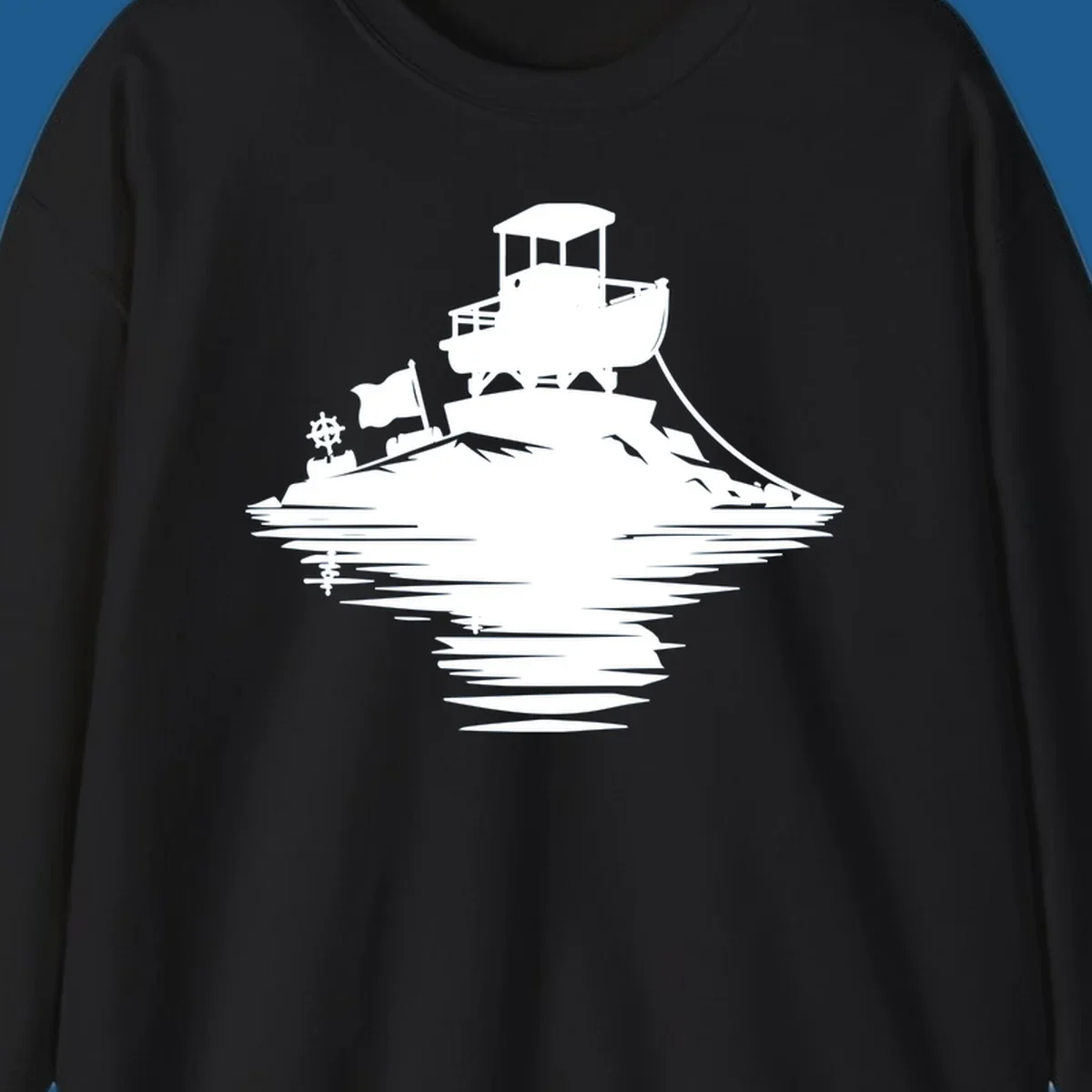 White silhouette of a pontoon island adventure with boat, flag, and reflection.