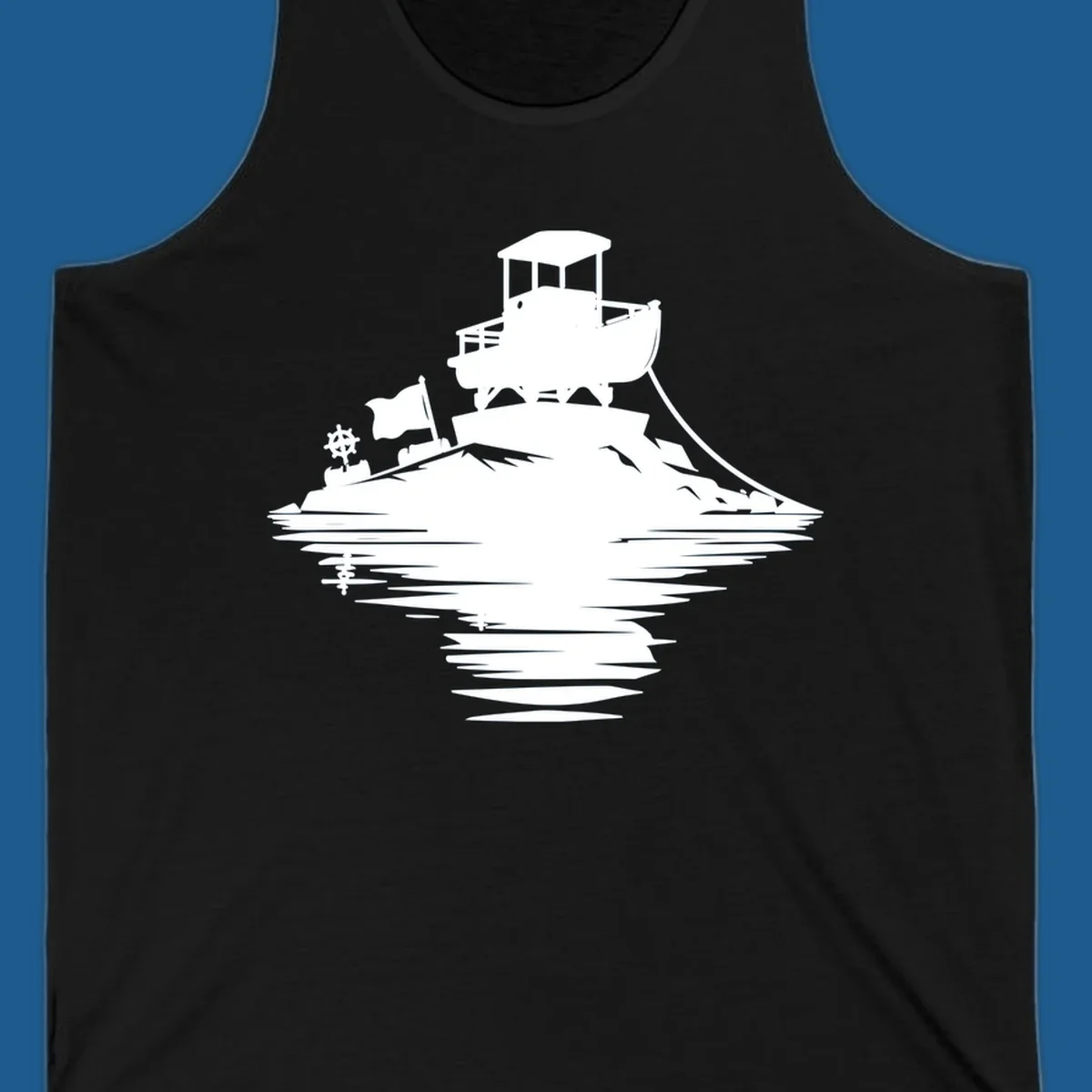 White silhouette of a pontoon island adventure with boat, flag, and reflection.