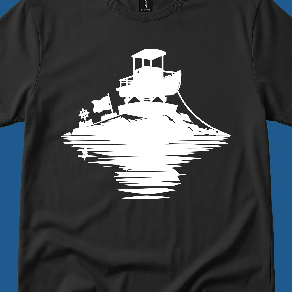 White silhouette of a pontoon island adventure with boat, flag, and reflection.