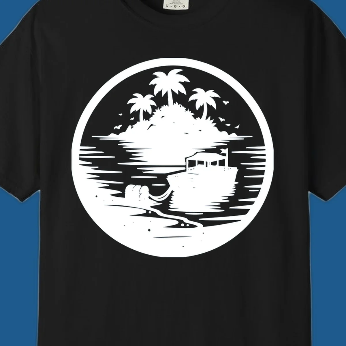 Illustration of a boat near a tropical island with a treasure chest on the beach.