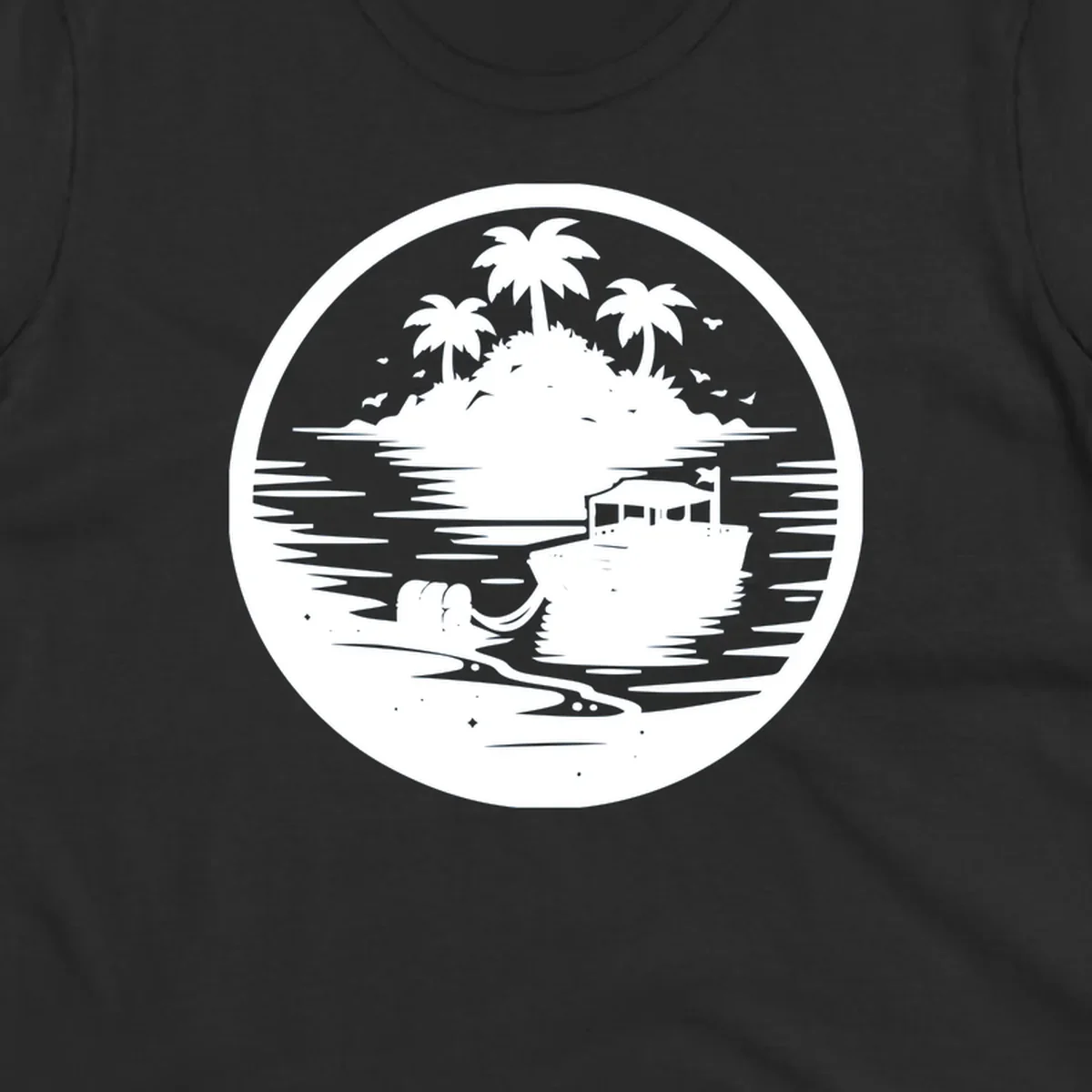 Illustration of a boat near a tropical island with a treasure chest on the beach.