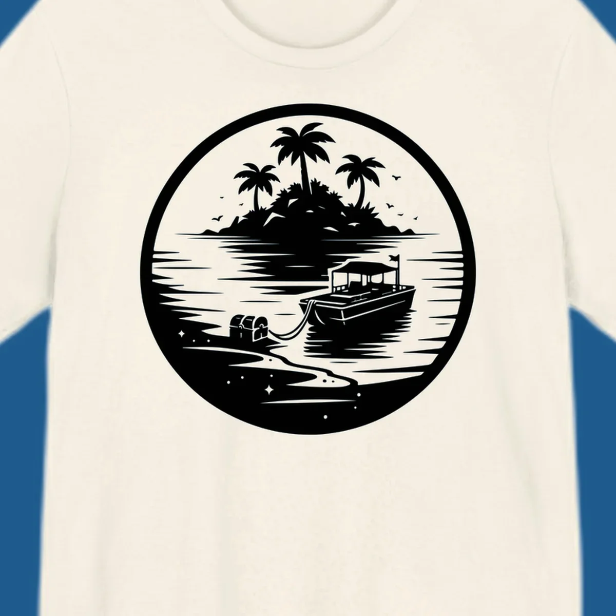 Illustration of a boat near a tropical island with a treasure chest on the beach.