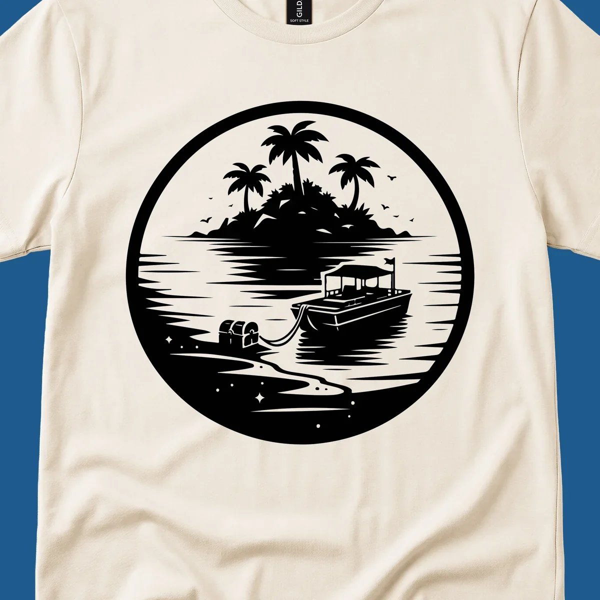 Illustration of a boat near a tropical island with a treasure chest on the beach.