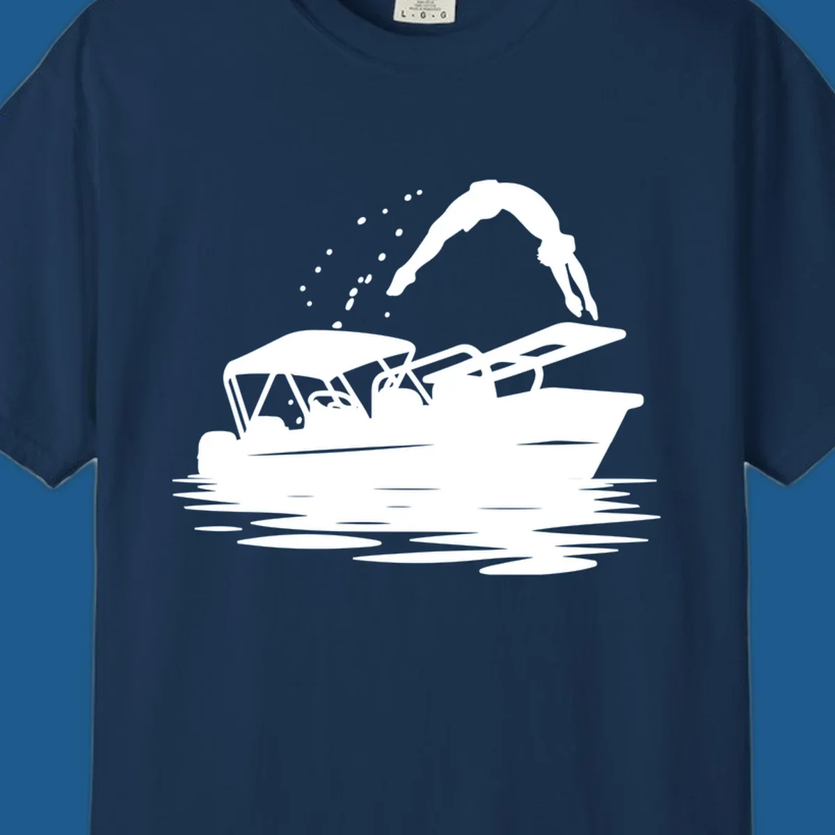 Silhouette of a person diving off a pontoon boat, boat-diving-fun
