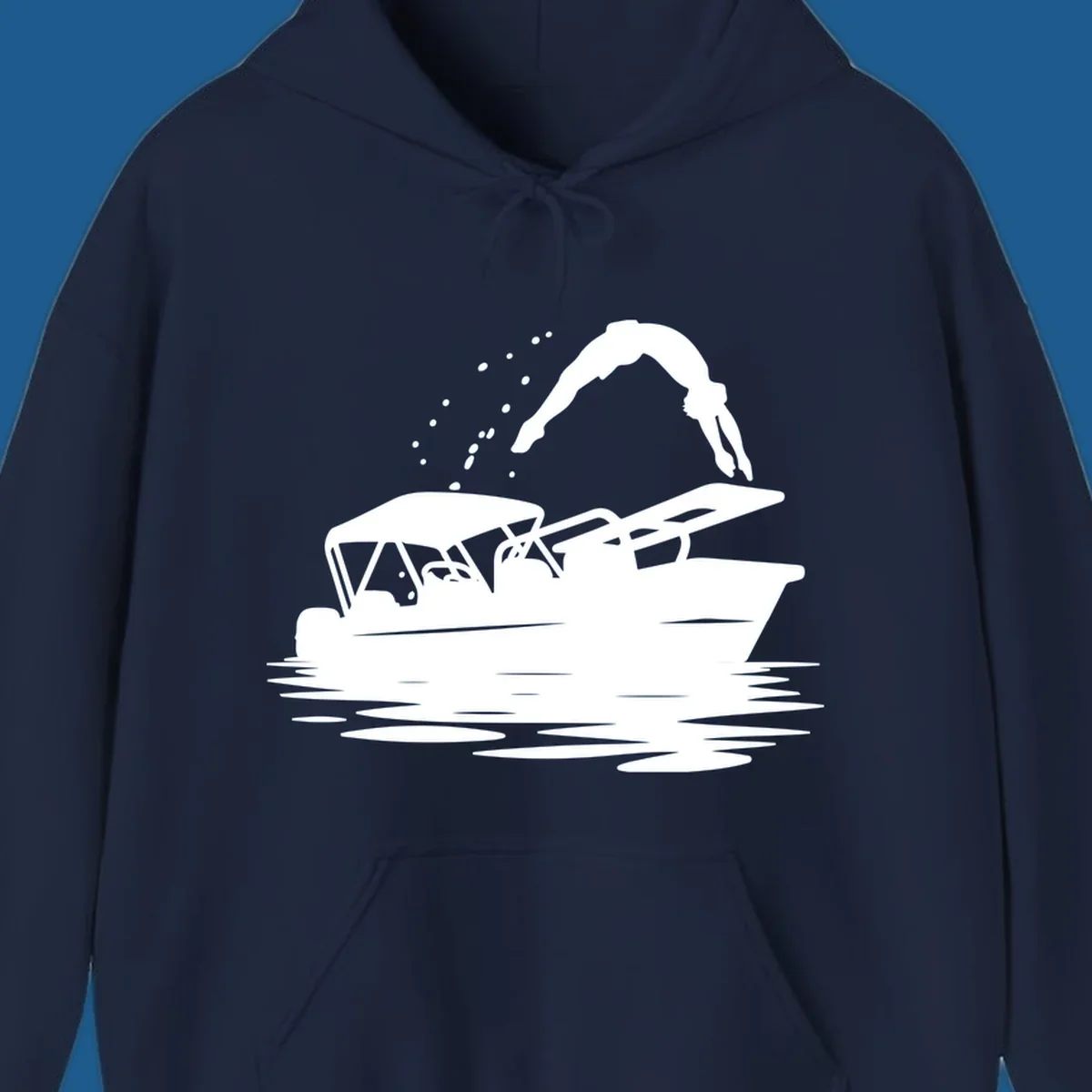 Silhouette of a person diving off a pontoon boat, boat-diving-fun