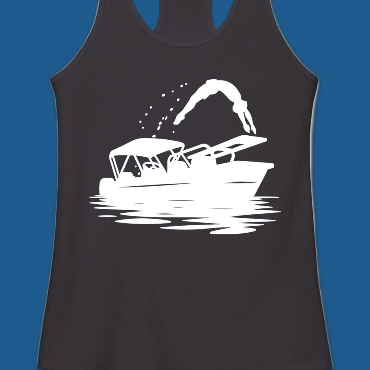 Silhouette of a person diving off a pontoon boat, boat-diving-fun