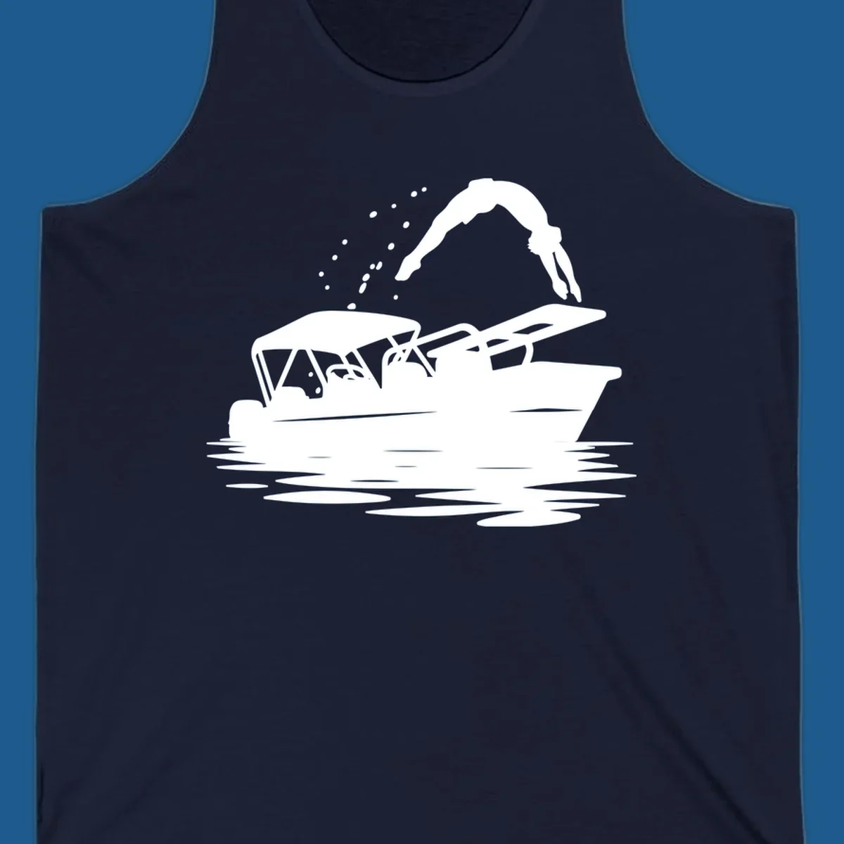 Silhouette of a person diving off a pontoon boat, boat-diving-fun