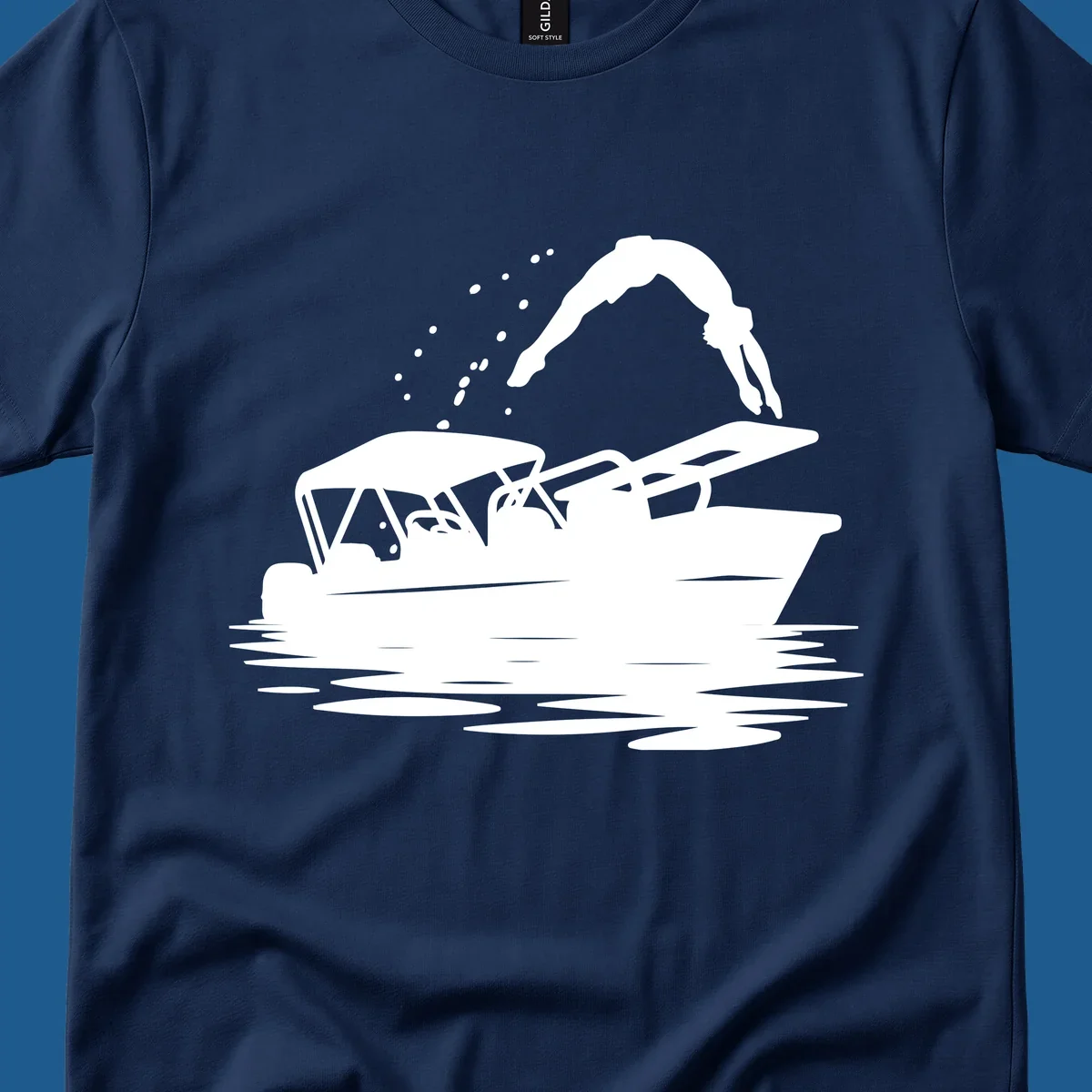 Silhouette of a person diving off a pontoon boat, boat-diving-fun