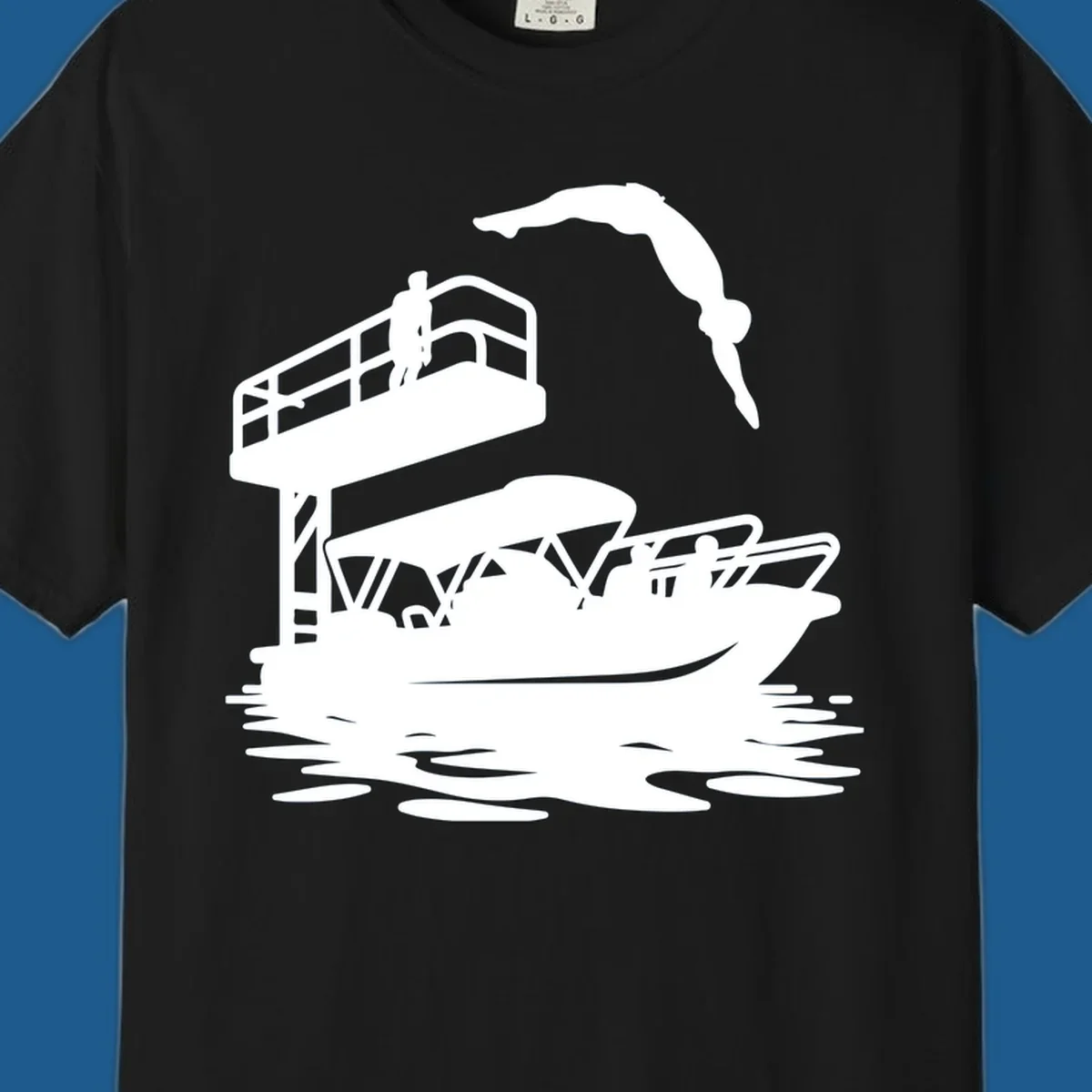 Diver jumping from a diving board towards a pontoon boat, pontoon-diving-fun