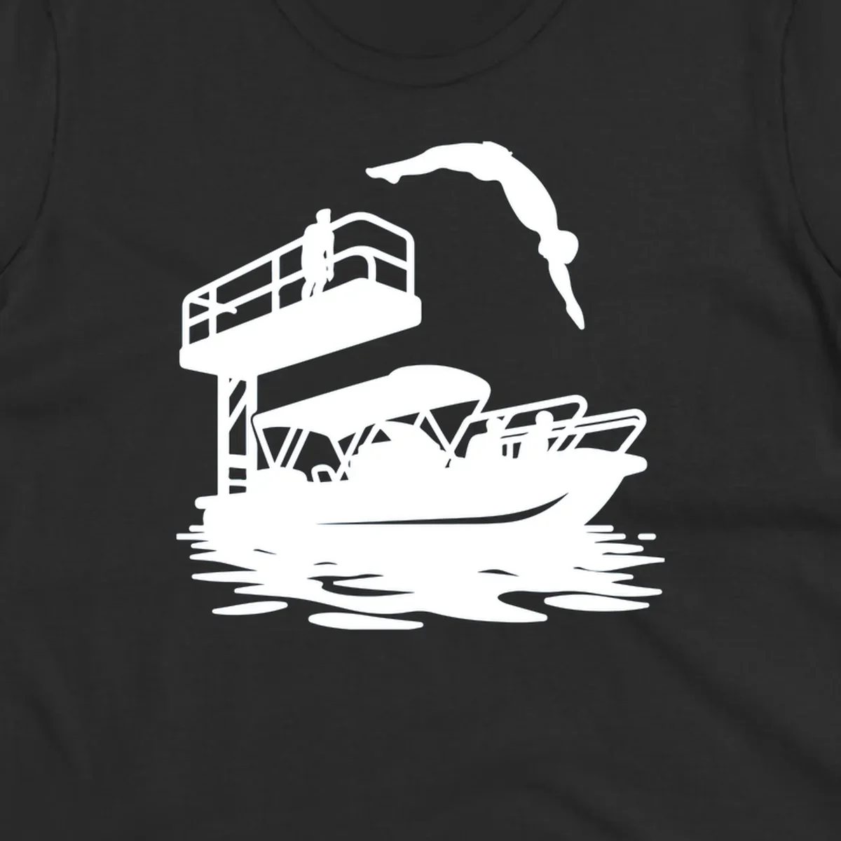 Diver jumping from a diving board towards a pontoon boat, pontoon-diving-fun