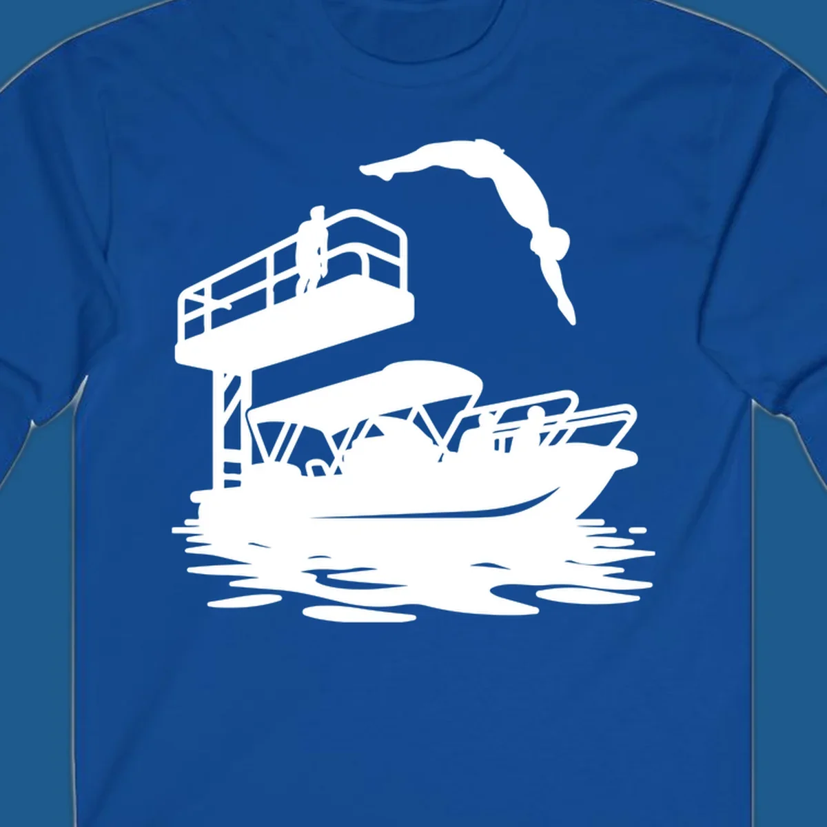 Diver jumping from a diving board towards a pontoon boat, pontoon-diving-fun