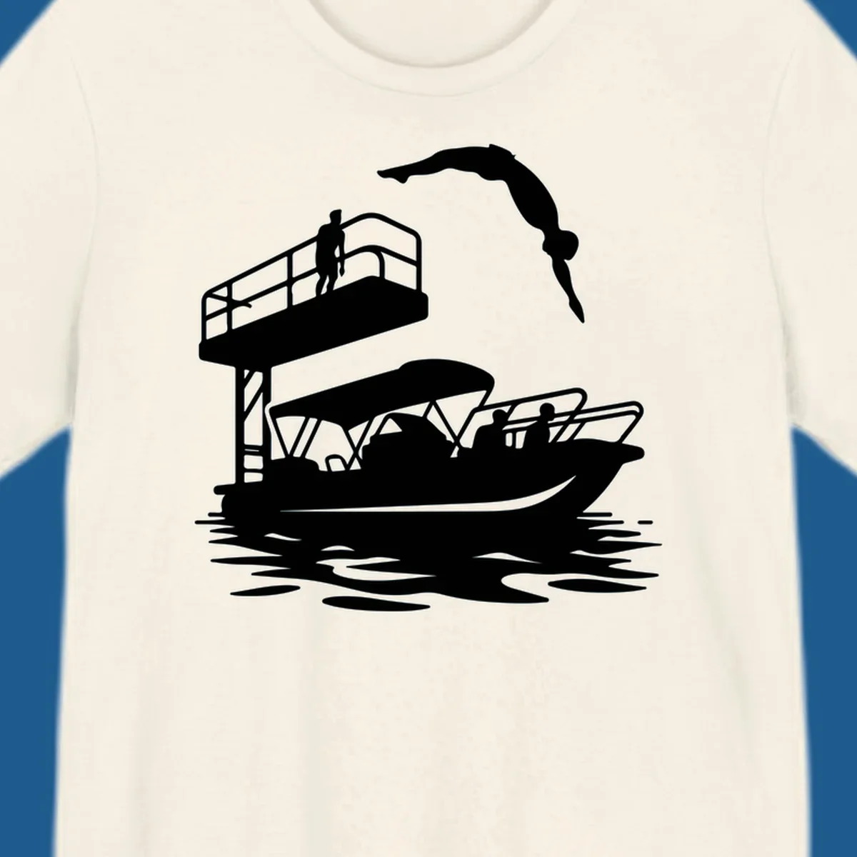 Diver jumping from a diving board towards a pontoon boat, pontoon-diving-fun