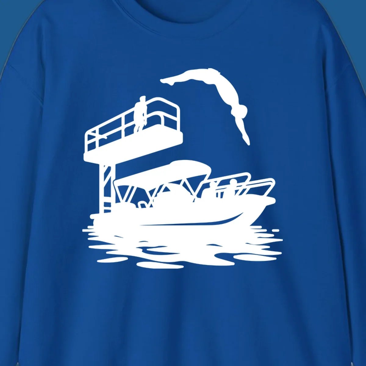 Diver jumping from a diving board towards a pontoon boat, pontoon-diving-fun