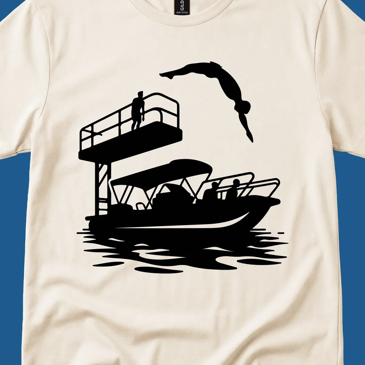 Diver jumping from a diving board towards a pontoon boat, pontoon-diving-fun