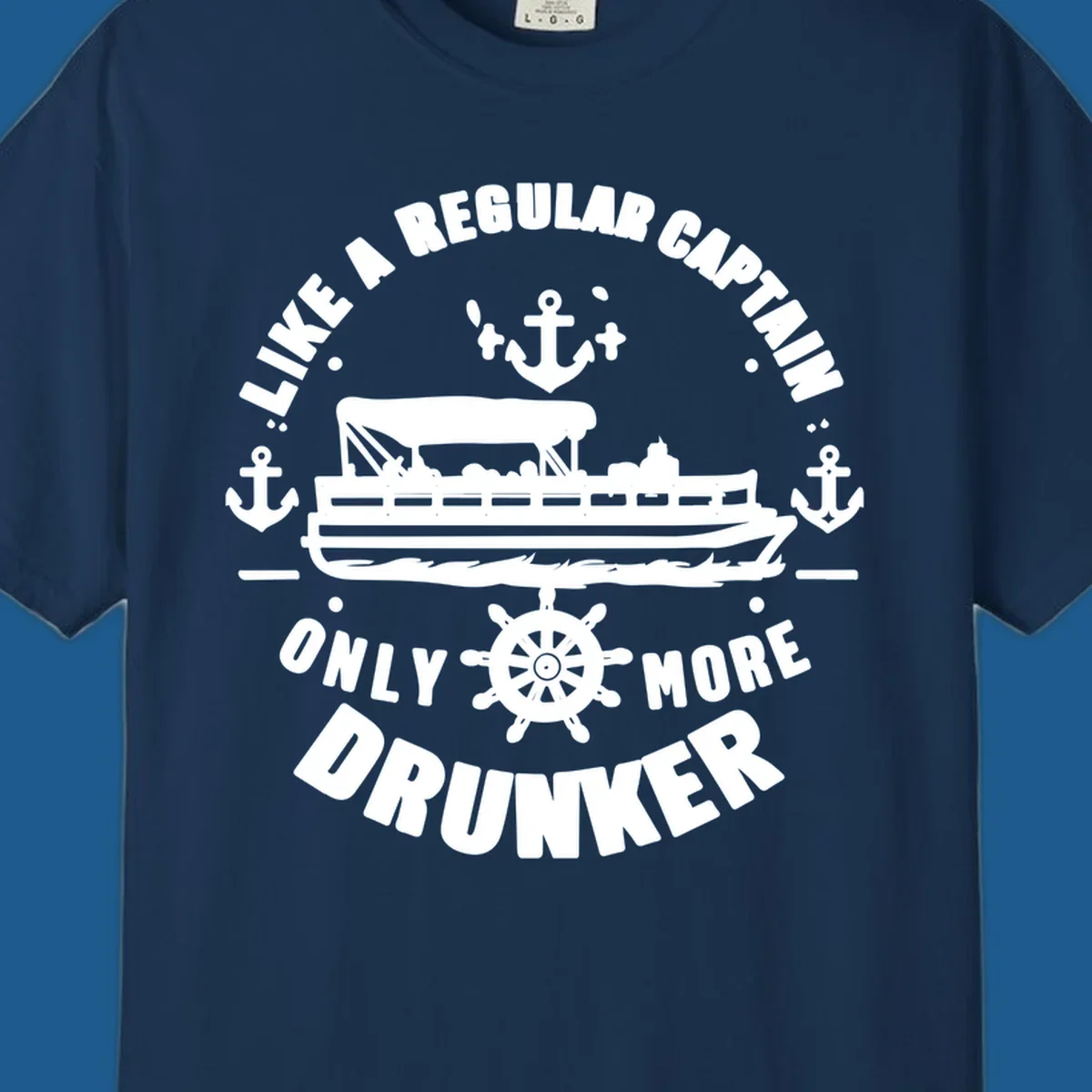 Funny pontoon captain text with boat, anchors, and ship's wheel.