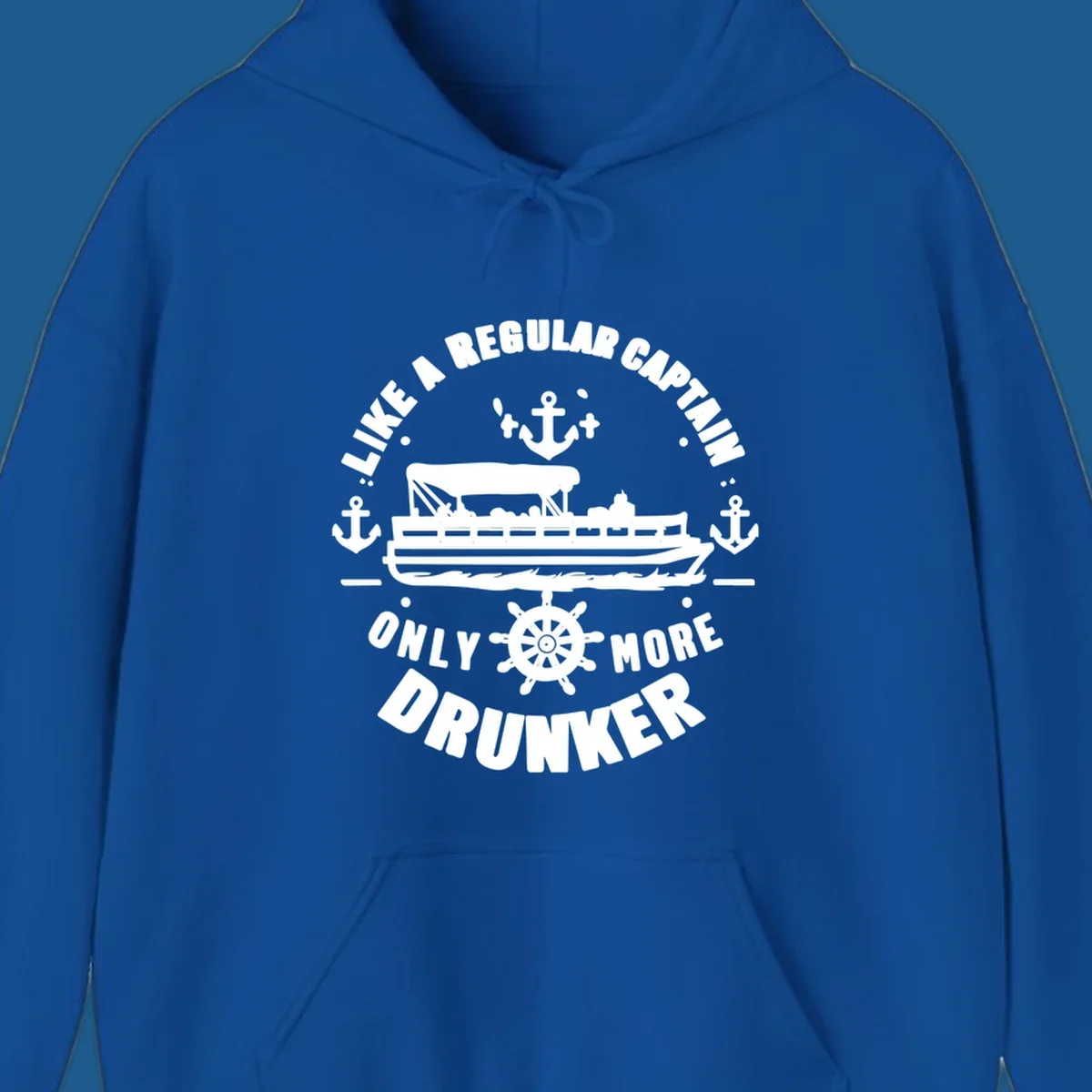 Funny pontoon captain text with boat, anchors, and ship's wheel.