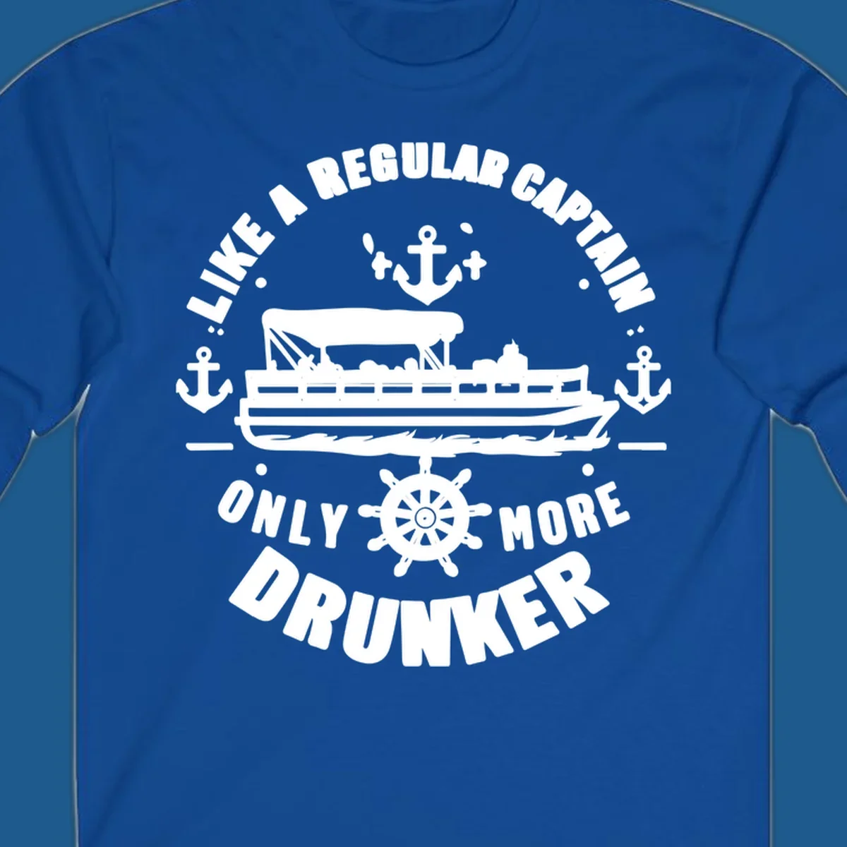 Funny pontoon captain text with boat, anchors, and ship's wheel.
