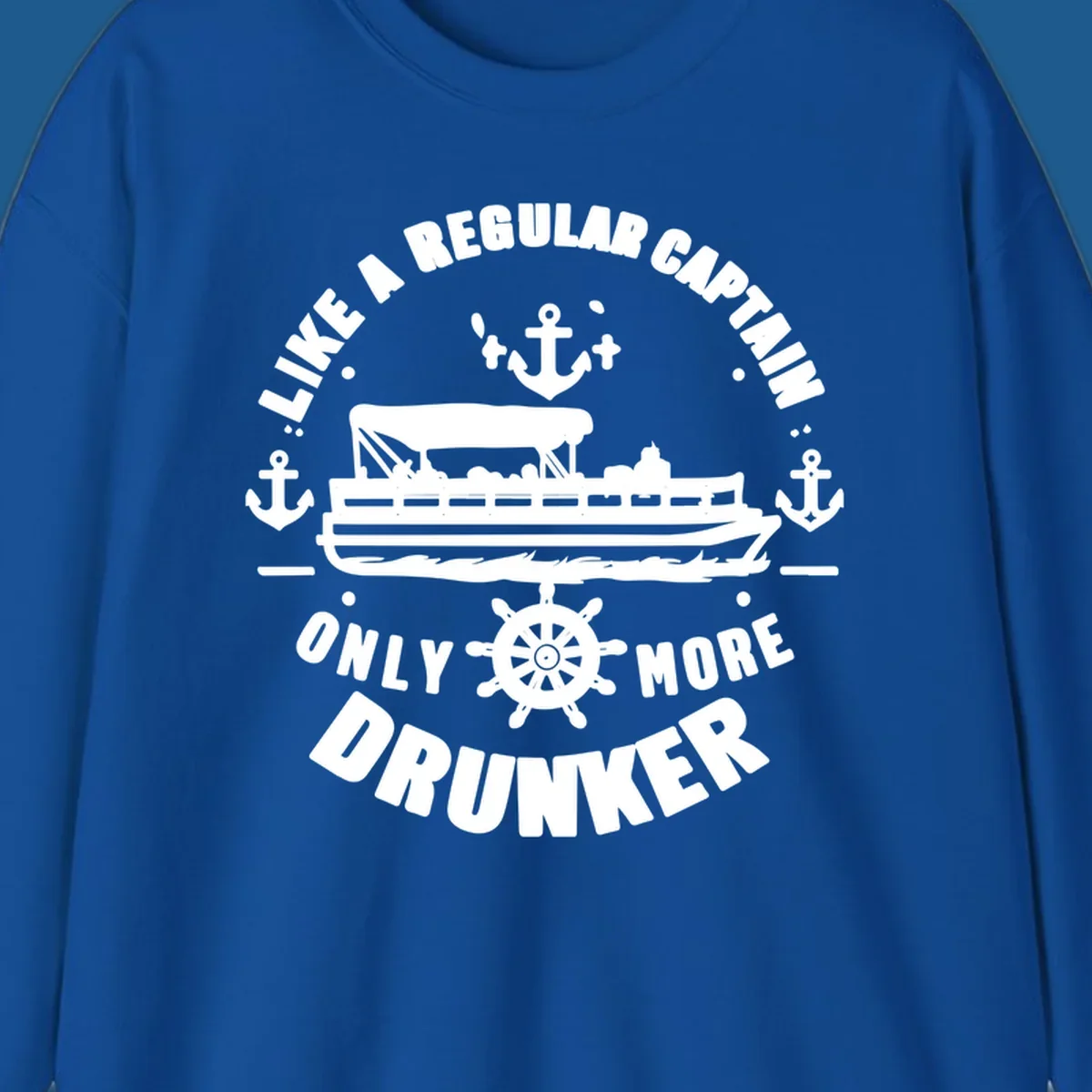 Funny pontoon captain text with boat, anchors, and ship's wheel.
