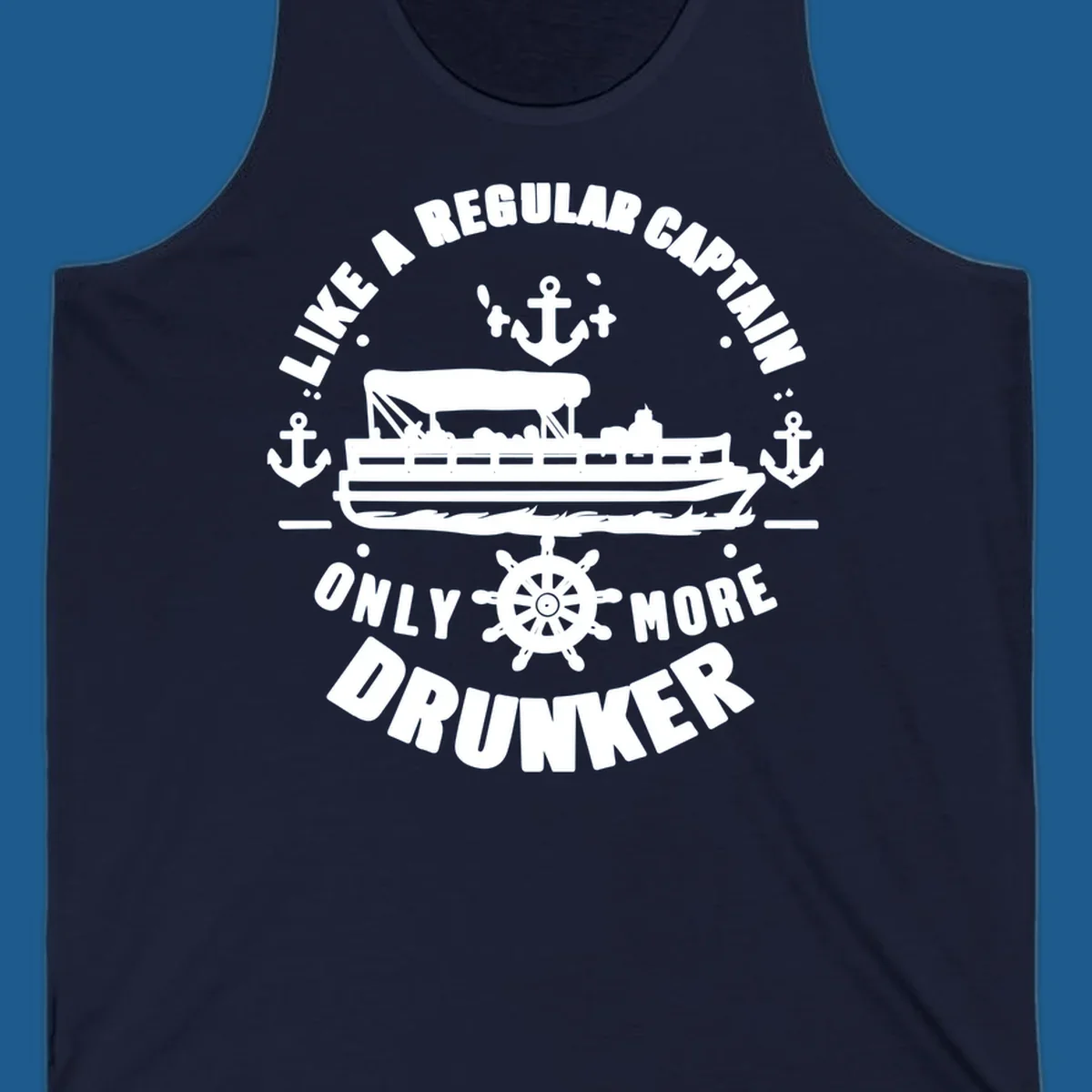 Funny pontoon captain text with boat, anchors, and ship's wheel.