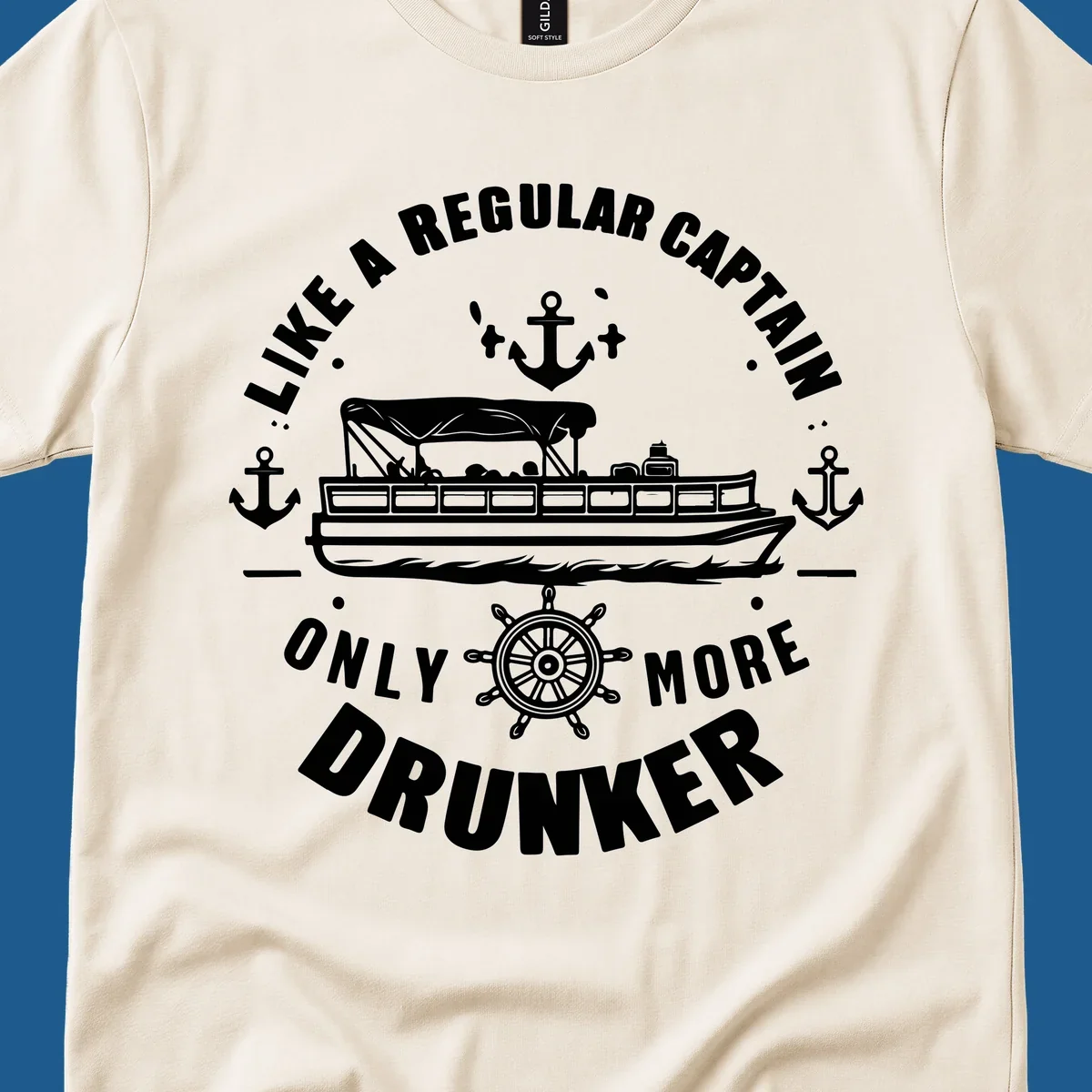 Funny pontoon captain text with boat, anchors, and ship's wheel.