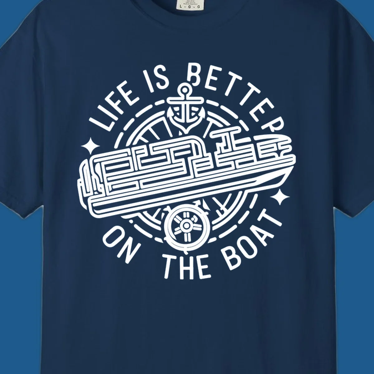 Circular design with text 'Life Is Better On The Boat', anchor, ship's wheel, and stylized boat for boat life.
