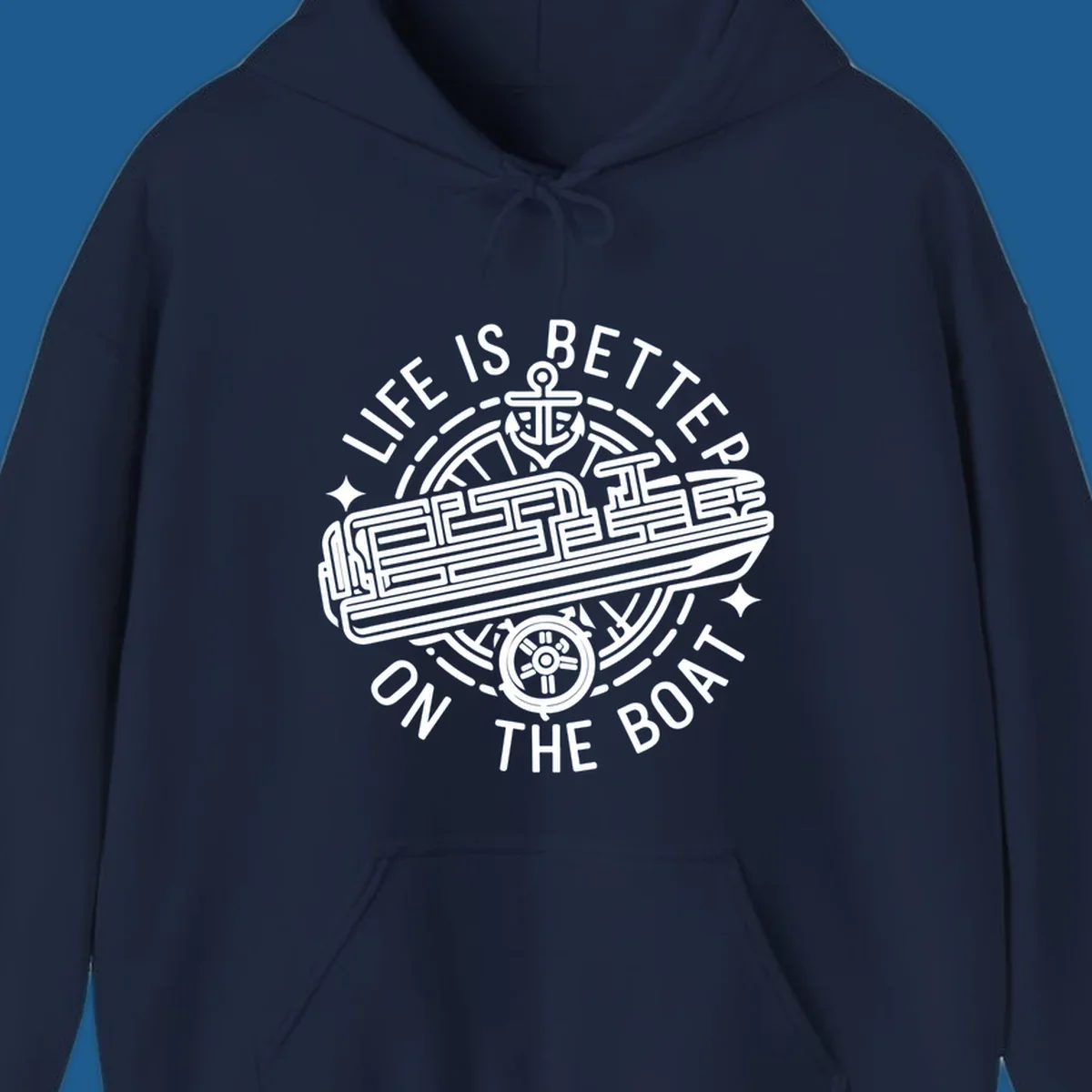 Circular design with text 'Life Is Better On The Boat', anchor, ship's wheel, and stylized boat for boat life.