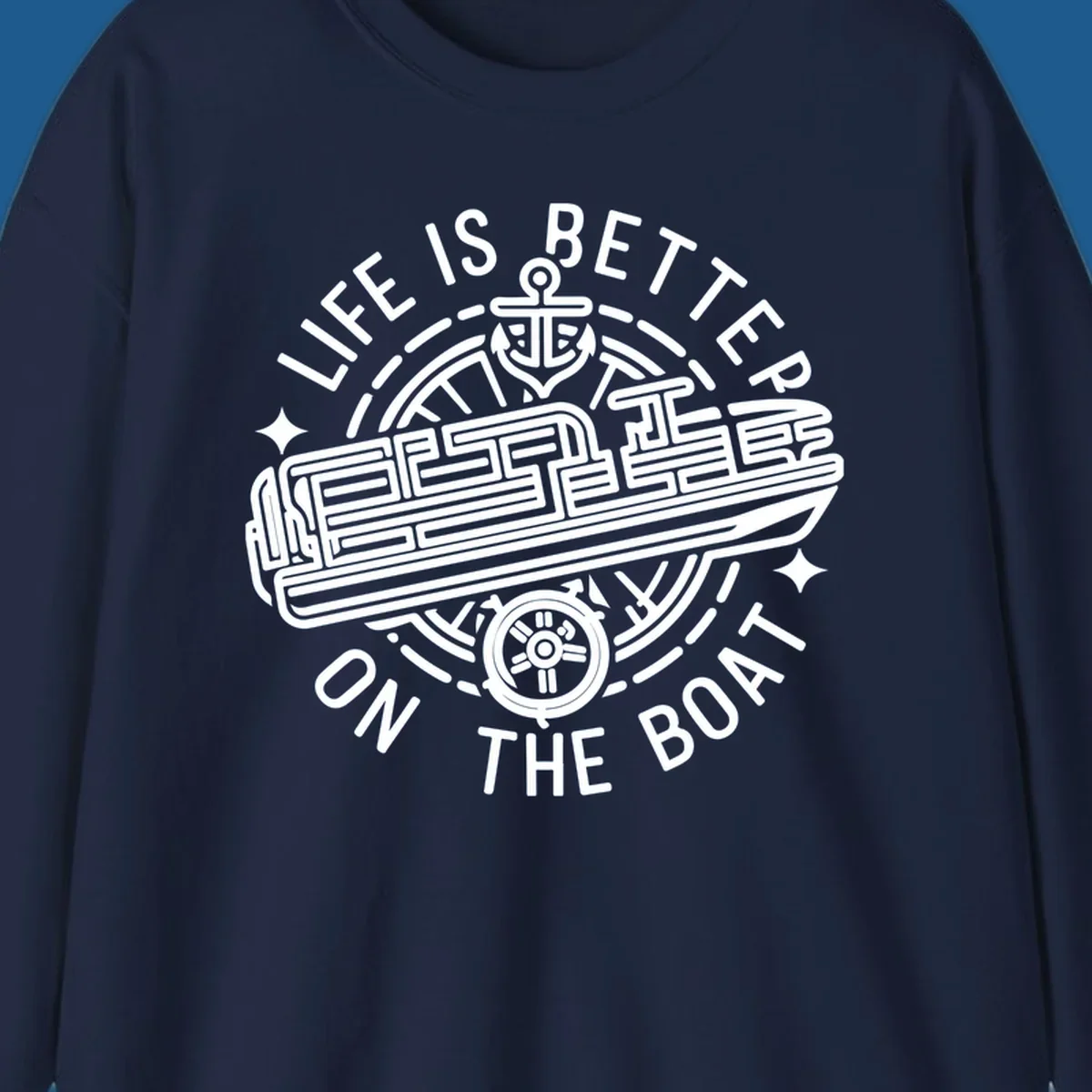 Circular design with text 'Life Is Better On The Boat', anchor, ship's wheel, and stylized boat for boat life.