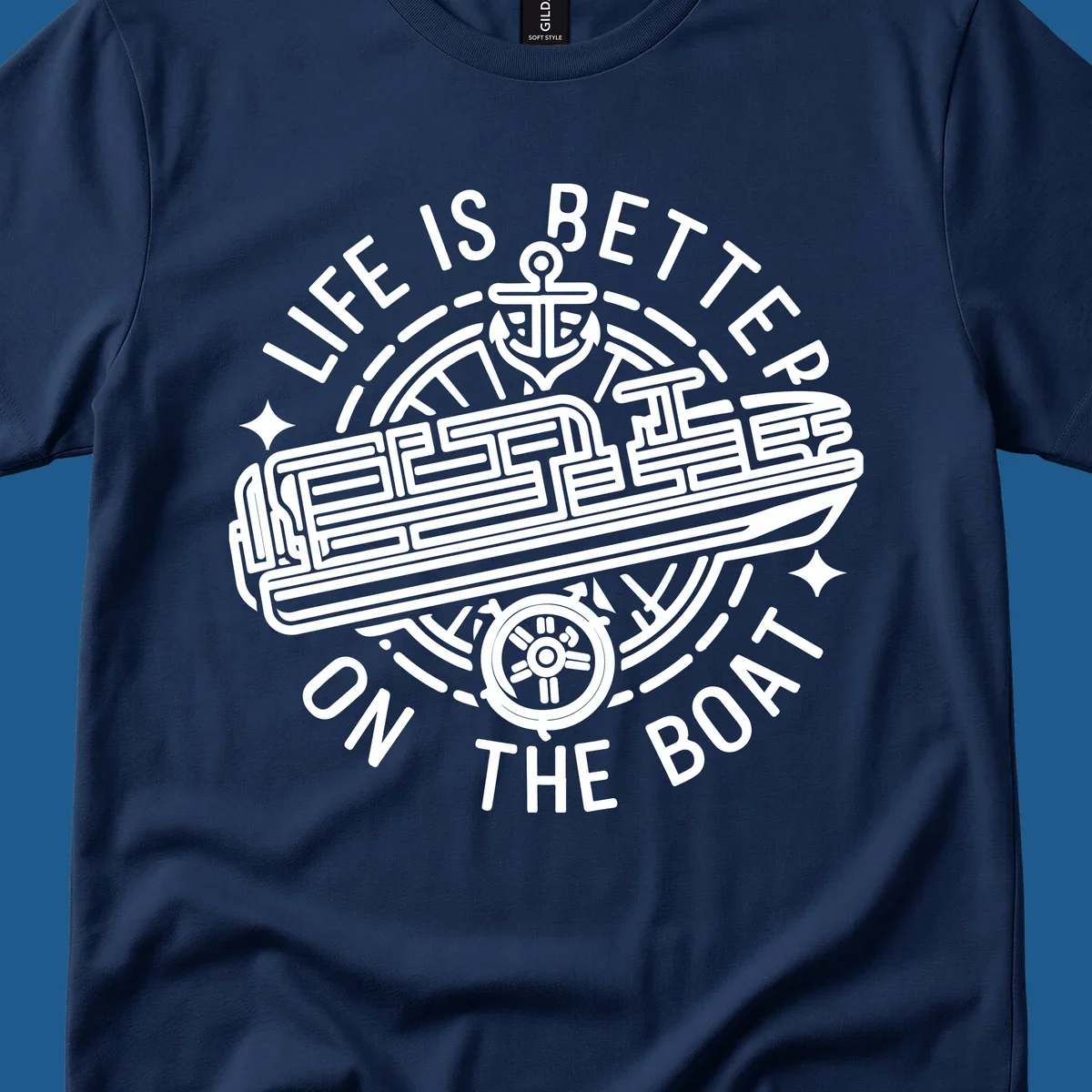 Circular design with text 'Life Is Better On The Boat', anchor, ship's wheel, and stylized boat for boat life.