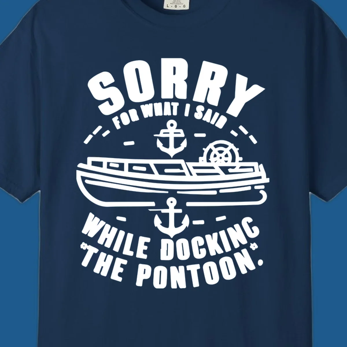 Text and illustration of a pontoon boat with anchors and a ship wheel, related to docking the pontoon.