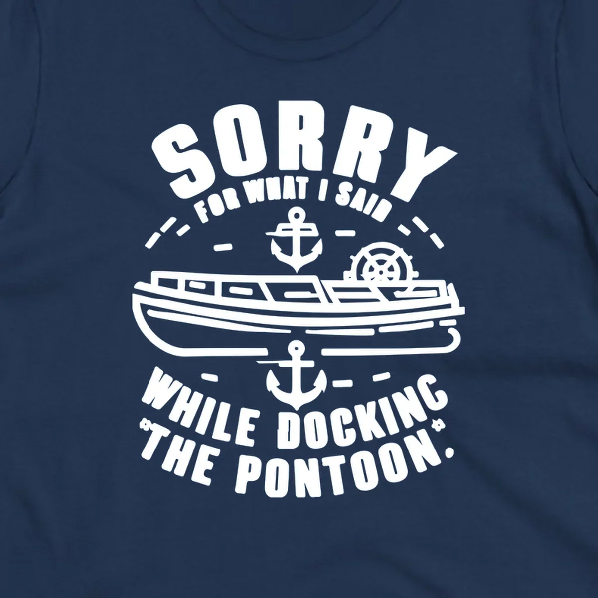 Text and illustration of a pontoon boat with anchors and a ship wheel, related to docking the pontoon.
