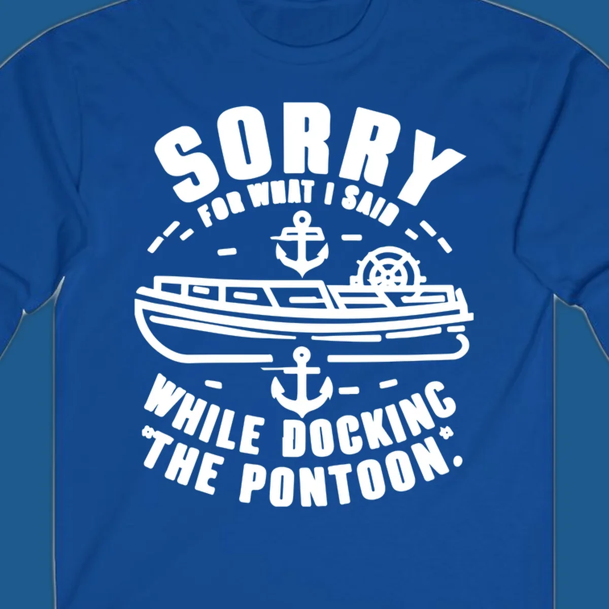 Text and illustration of a pontoon boat with anchors and a ship wheel, related to docking the pontoon.