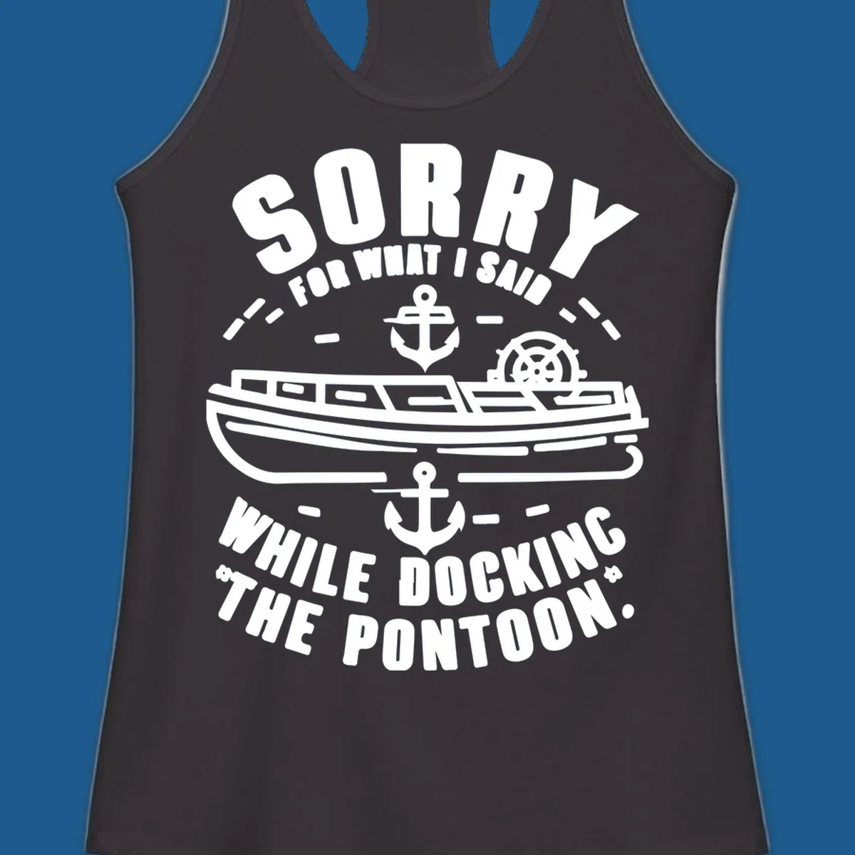 Text and illustration of a pontoon boat with anchors and a ship wheel, related to docking the pontoon.