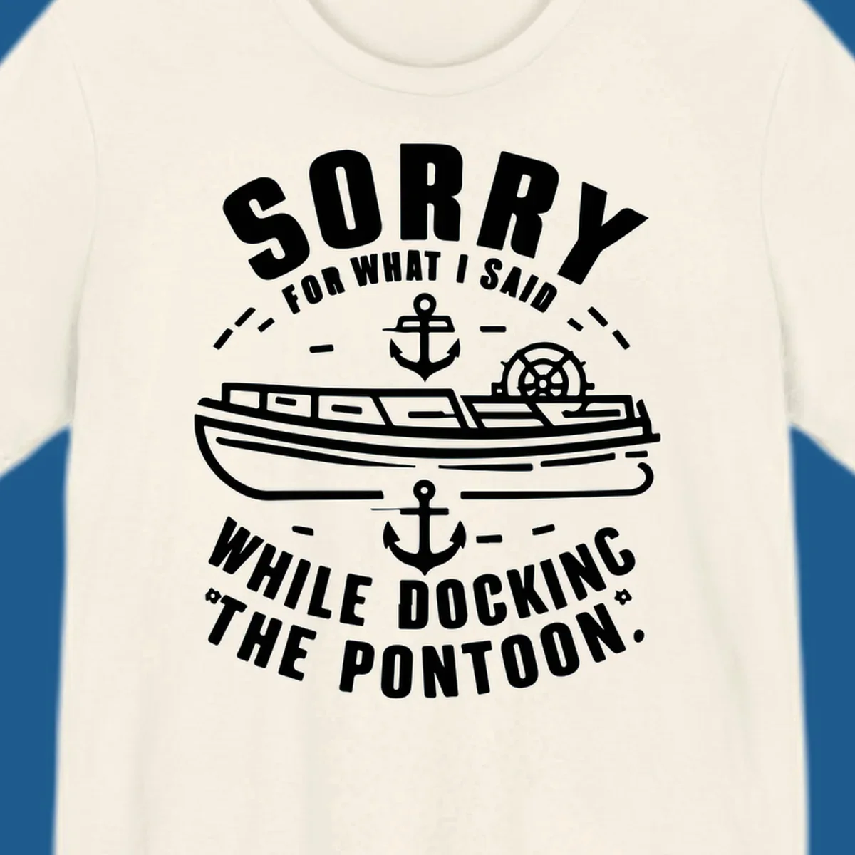 Text and illustration of a pontoon boat with anchors and a ship wheel, related to docking the pontoon.