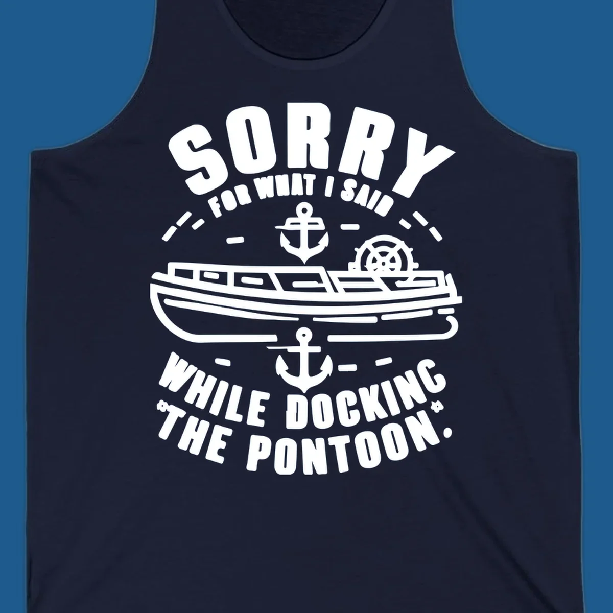 Text and illustration of a pontoon boat with anchors and a ship wheel, related to docking the pontoon.